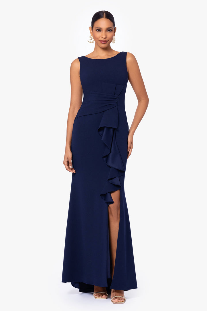 "Christine" Scuba Crepe Ruffled Bow Gown