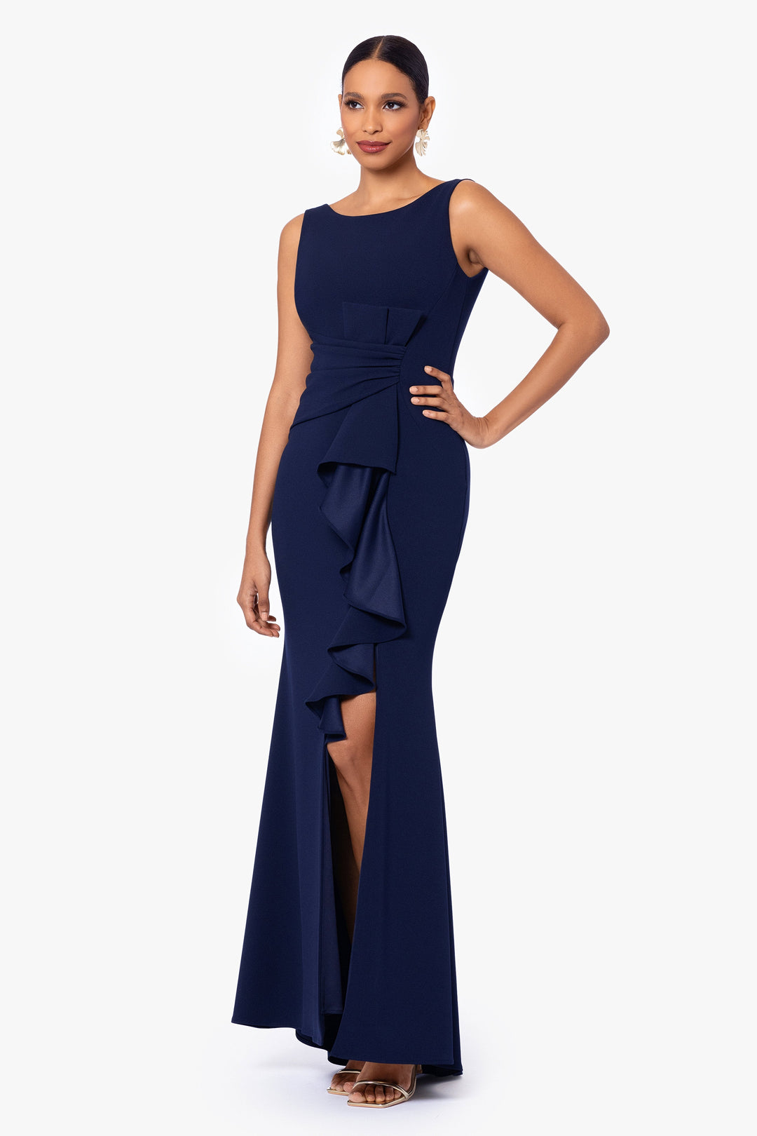 "Christine" Scuba Crepe Ruffled Bow Gown