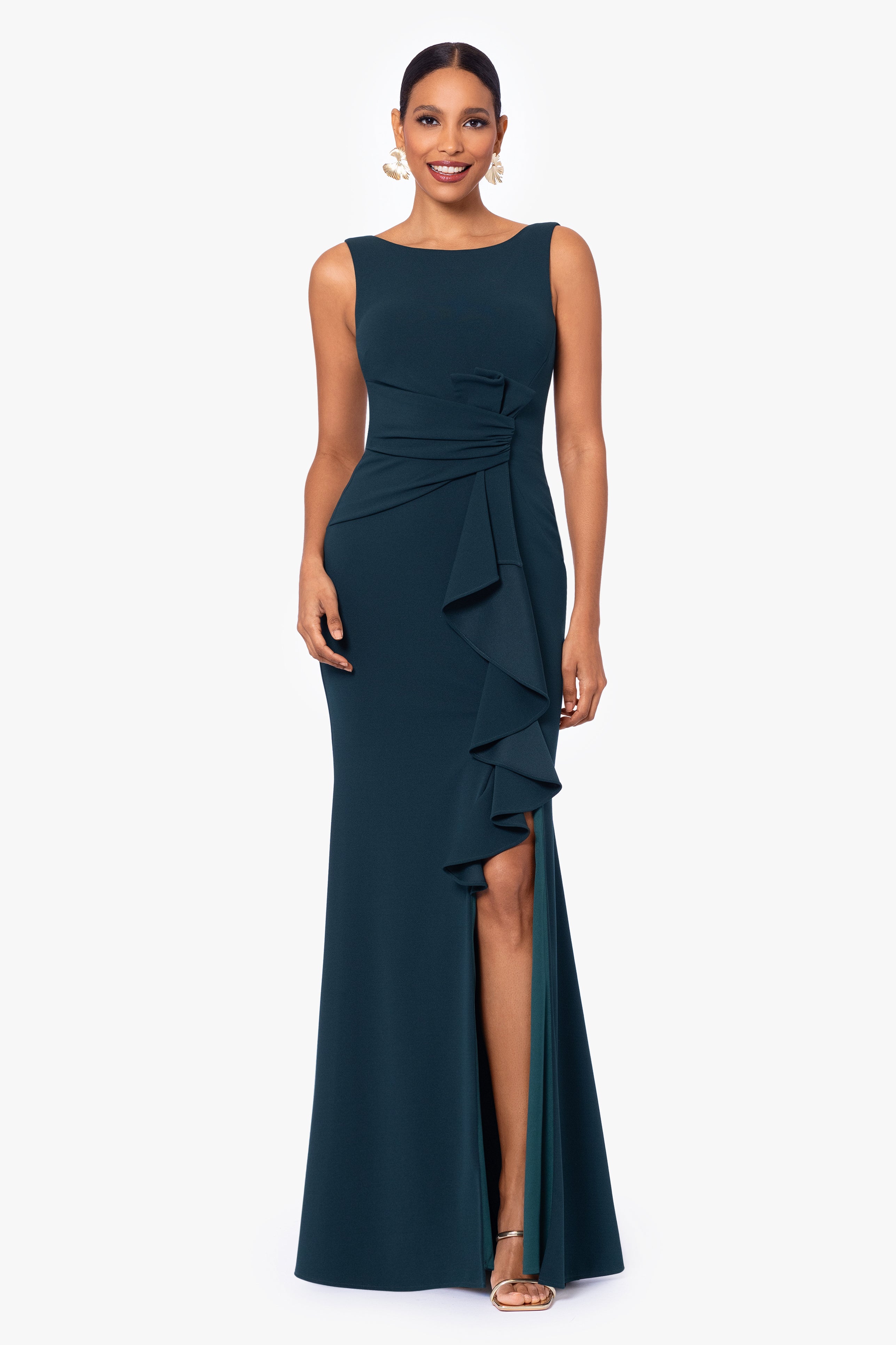 Petite "Christine" Scuba Crepe Ruffled Bow Gown