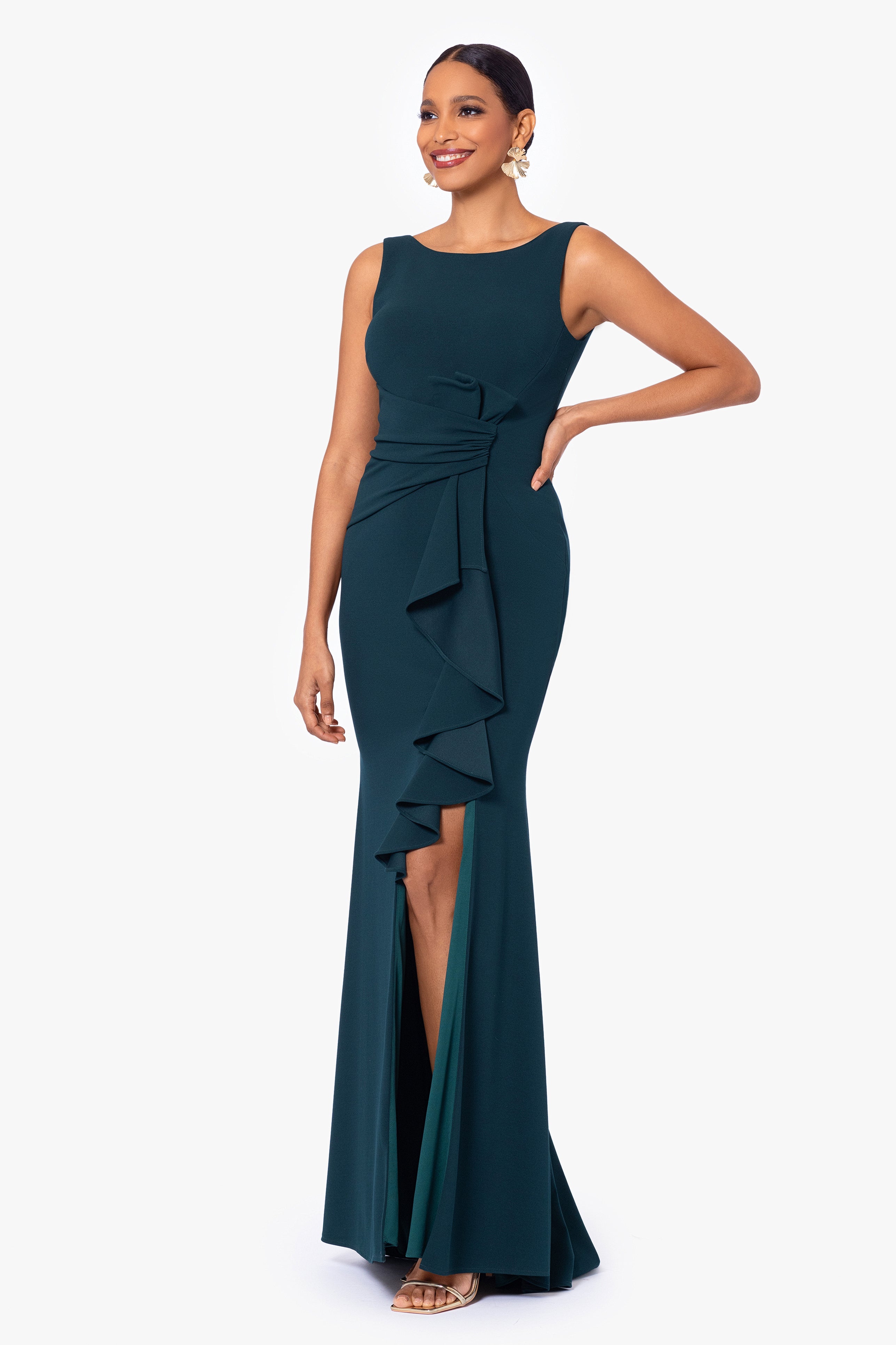 "Christine" Scuba Crepe Ruffled Bow Gown