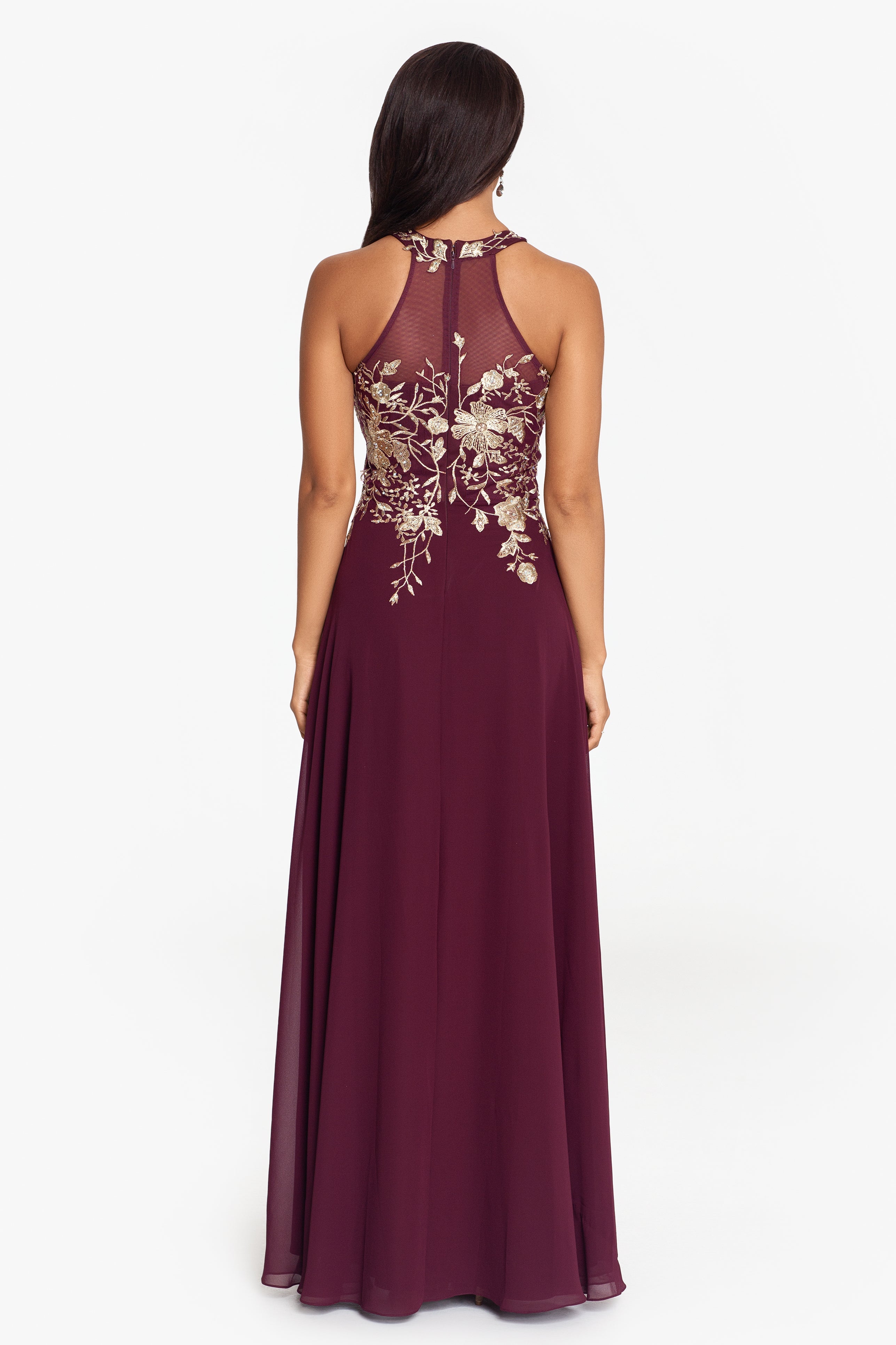 "Celeste" Long Embroidered Chiffon Gown - Betsy & Adam