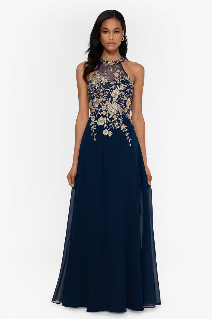 Petite "Celeste" Long Embroidered Chiffon Gown - Betsy & Adam