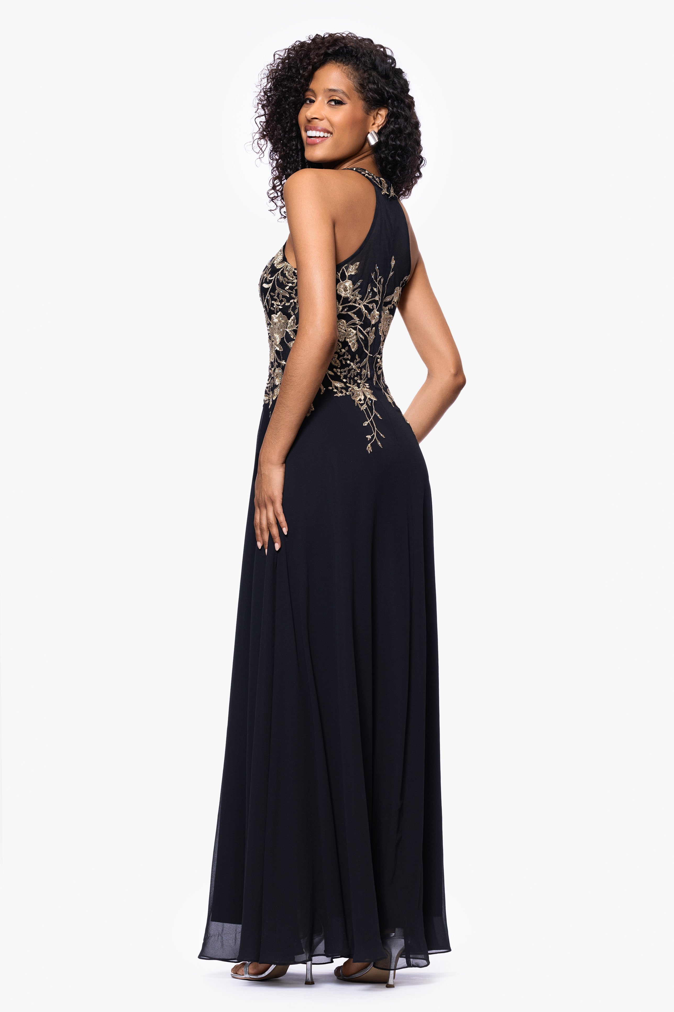 Petite "Celeste" Long Embroidered Chiffon Gown