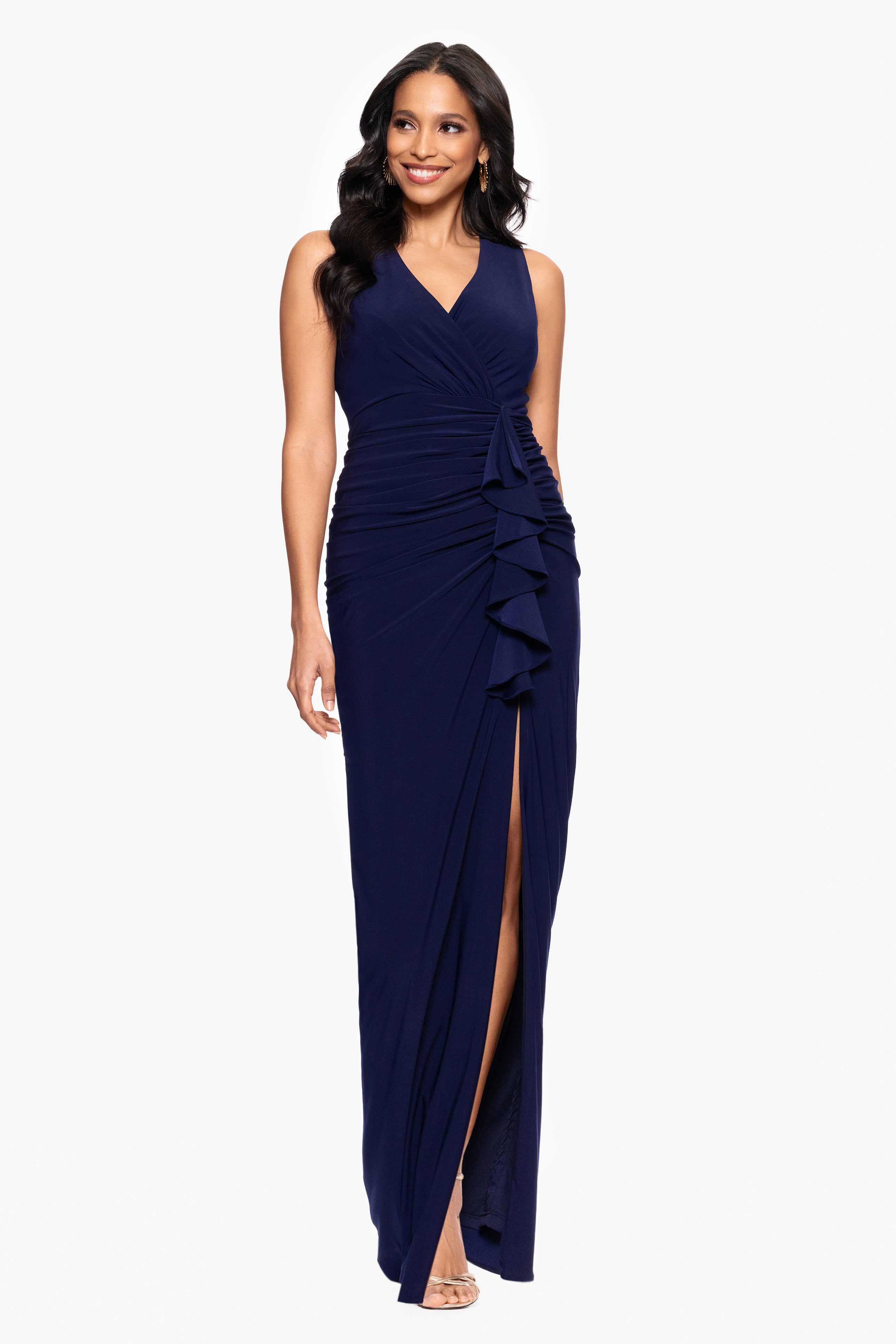 Petite "Bobbi" Ruffled V-Neck Gown