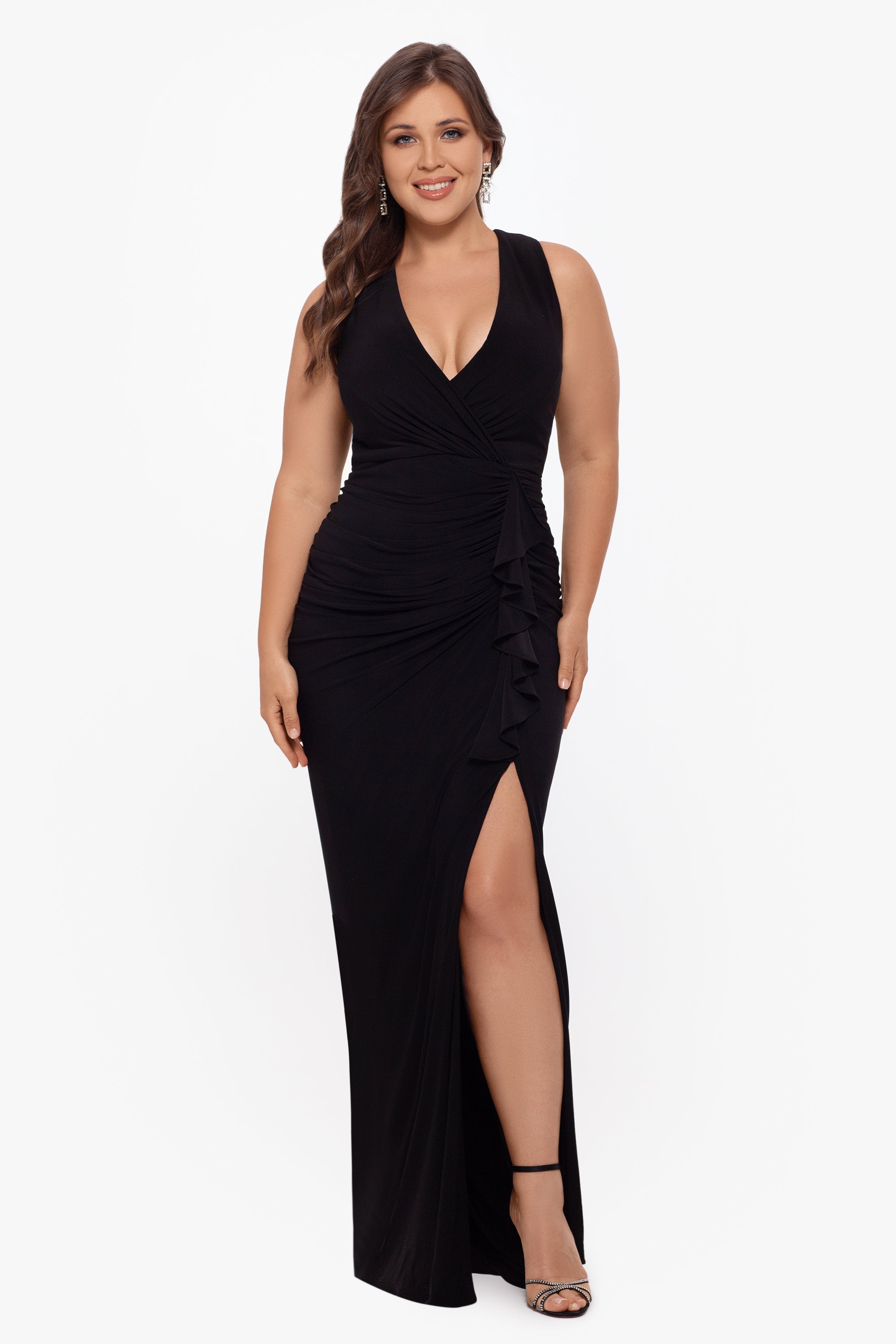 Plus "Bobbi" Long Ruffled V-Neck Gown - Betsy & Adam