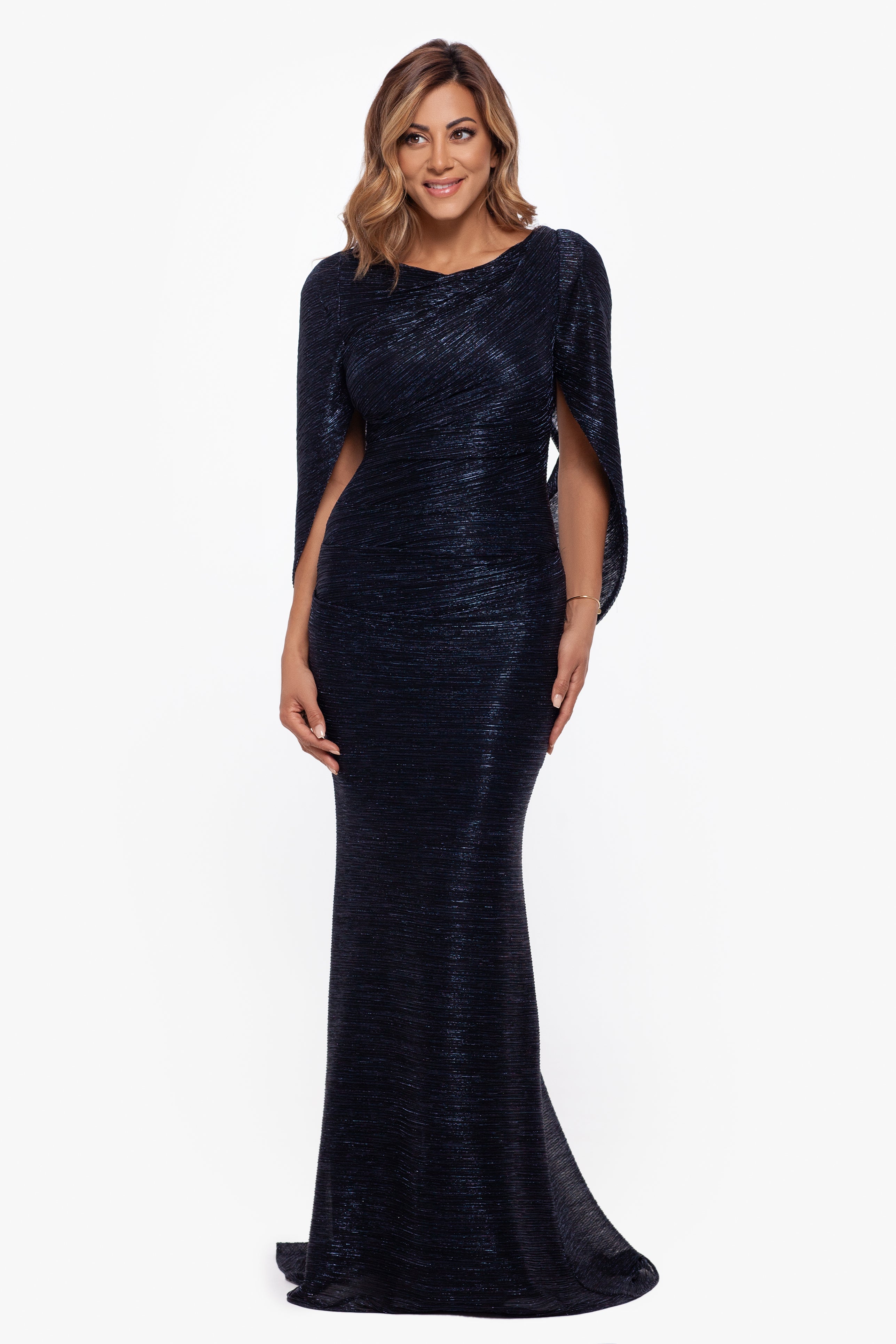 "Elaine" Long Metallic Crinkle Cowl Neck Back Dress