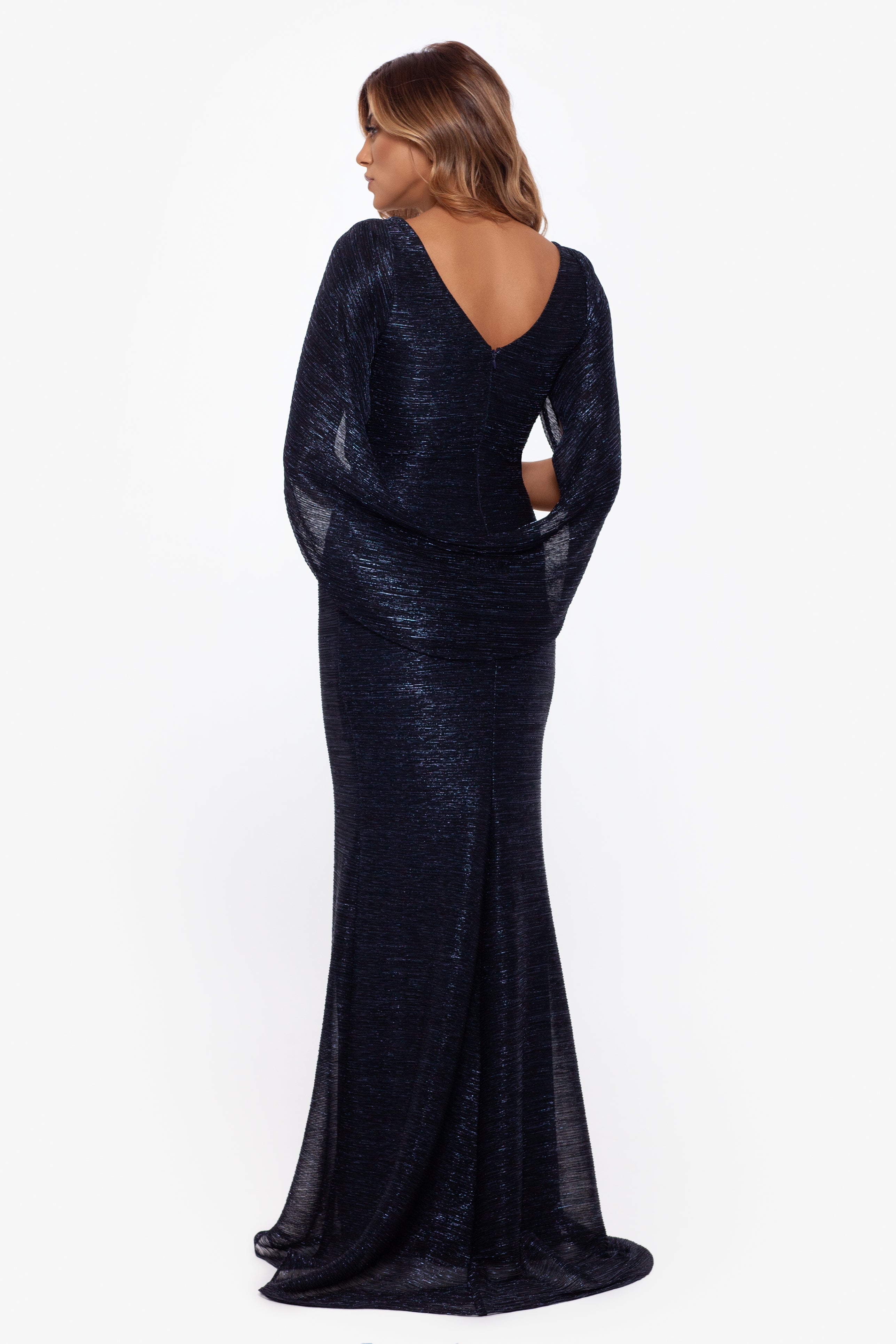 Petite "Elaine" Long Metallic Crinkle Cowl Neck Back Dress