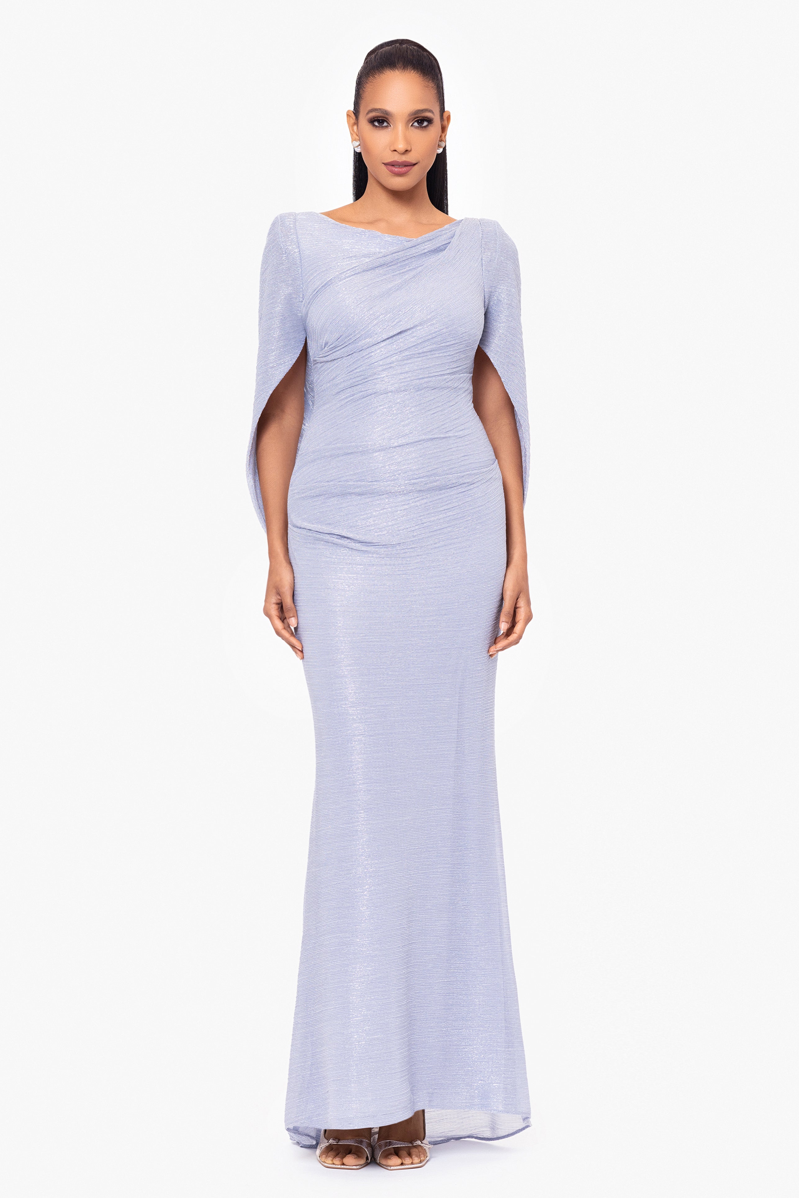 "Elaine" Long Metallic Crinkle Cowl Neck Back Dress