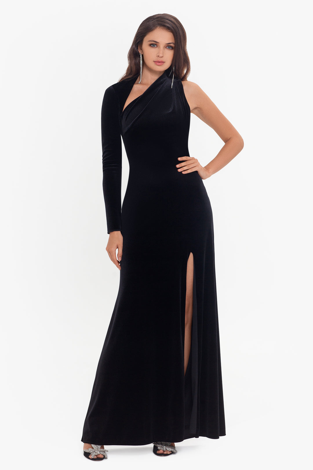 "Gabrielle" Long Sleeve One Shoulder Velvet Dress