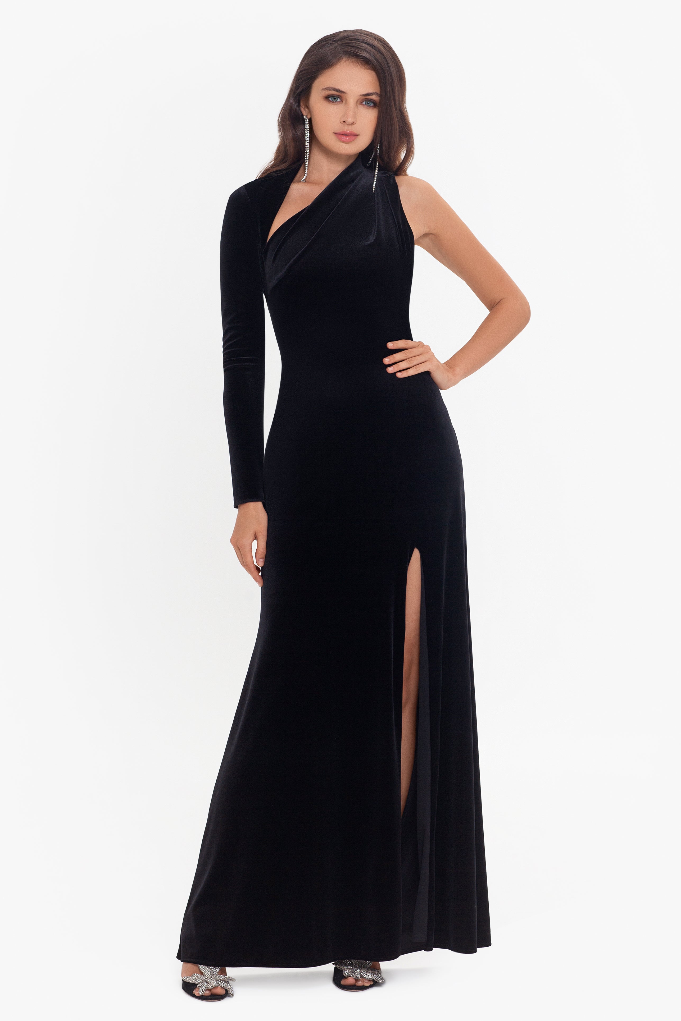 "Gabrielle" Long Sleeve One Shoulder Velvet Dress