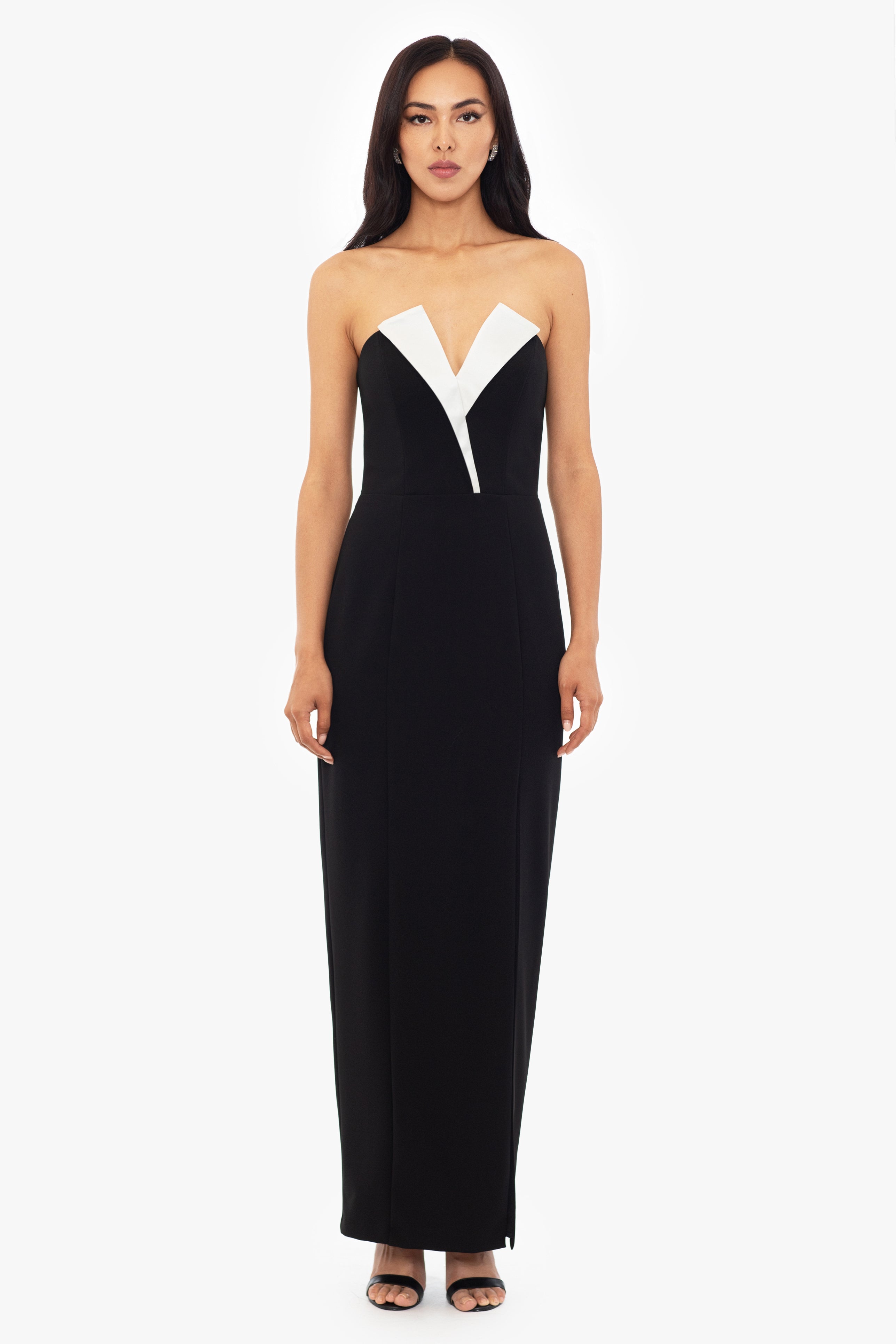 "Violette" Long Strapless V Neck Tuxedo Dress