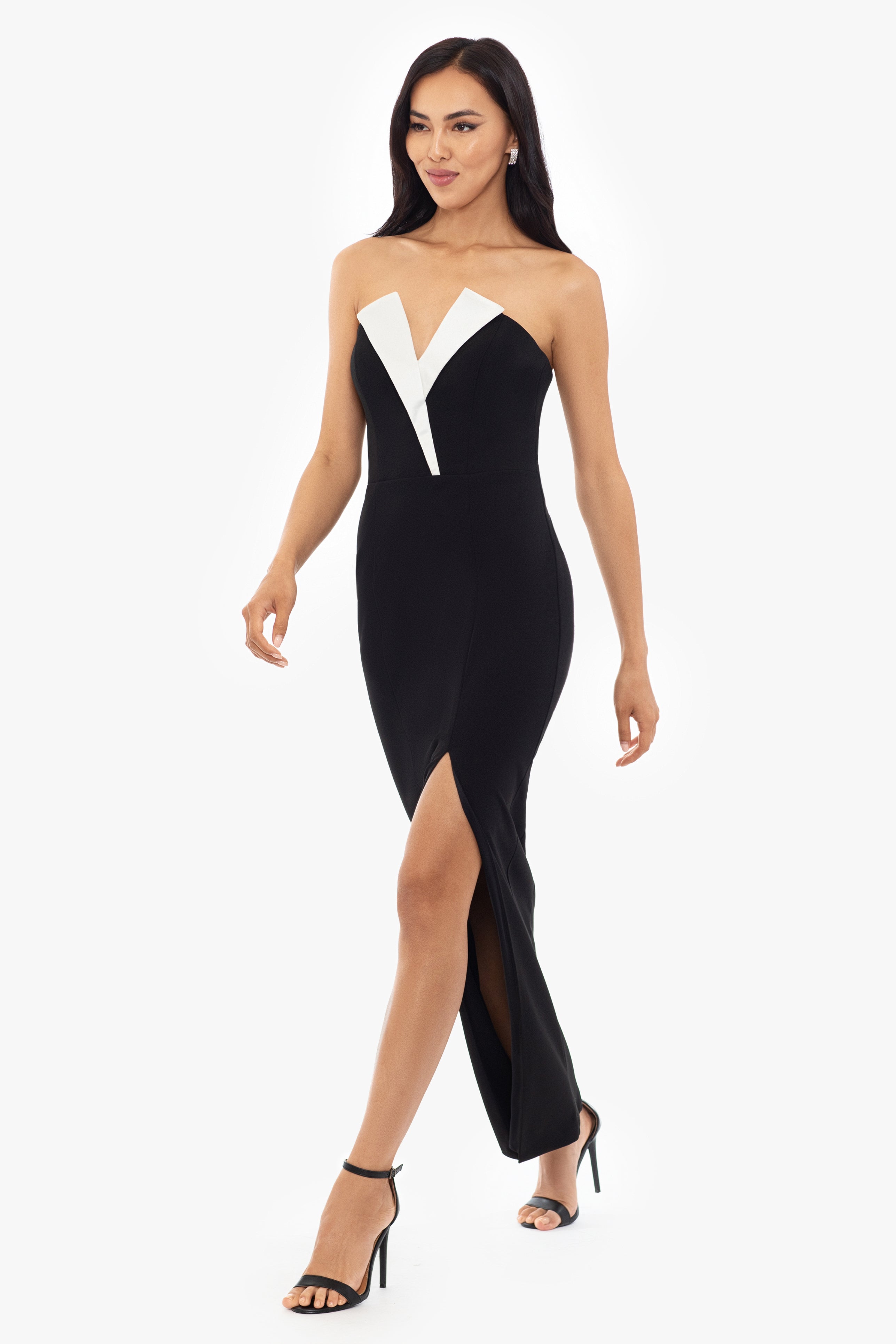 "Violette" Long Strapless V Neck Tuxedo Dress