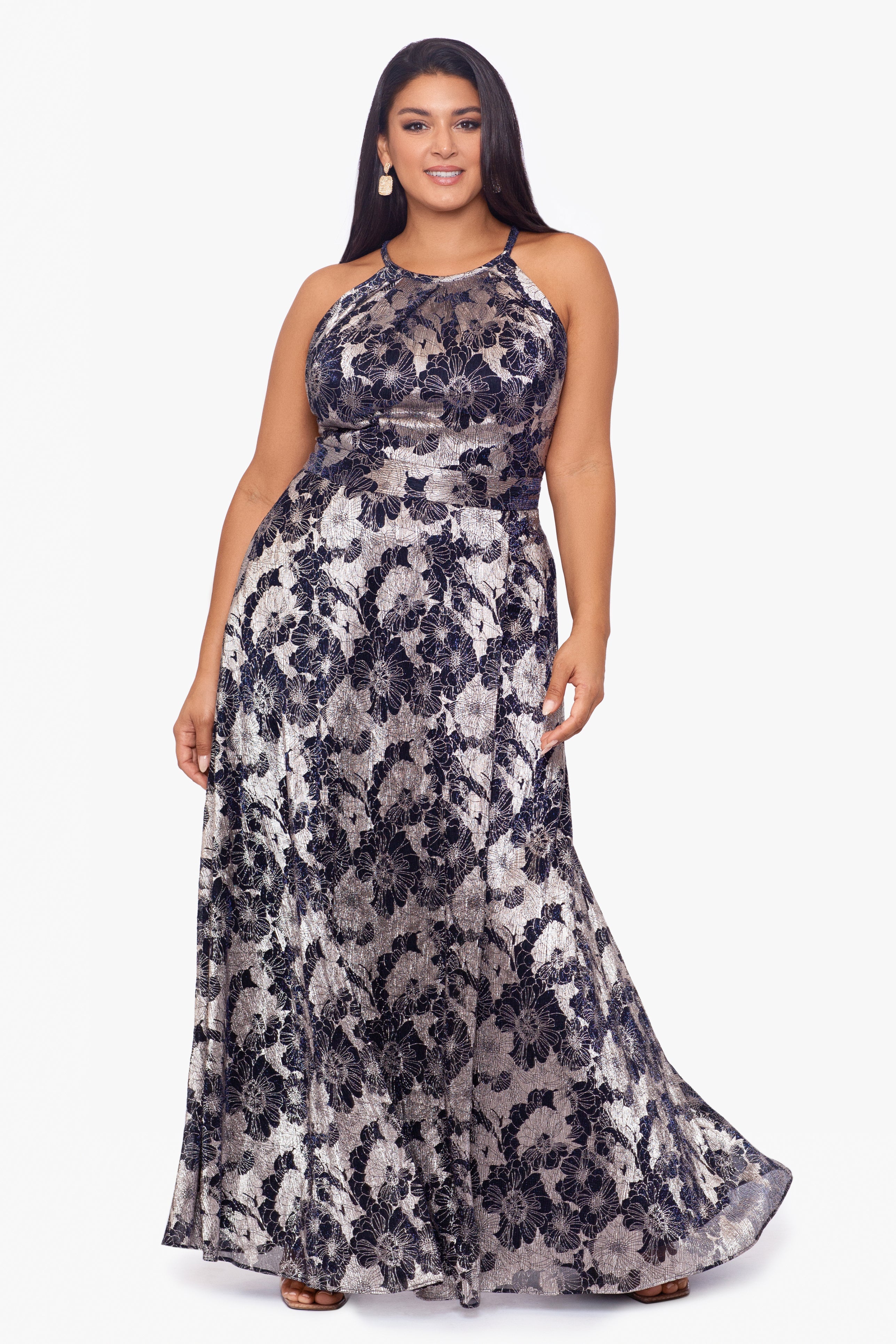 Plus "Layla" Long Halter Top Wrap Foil Print Dress