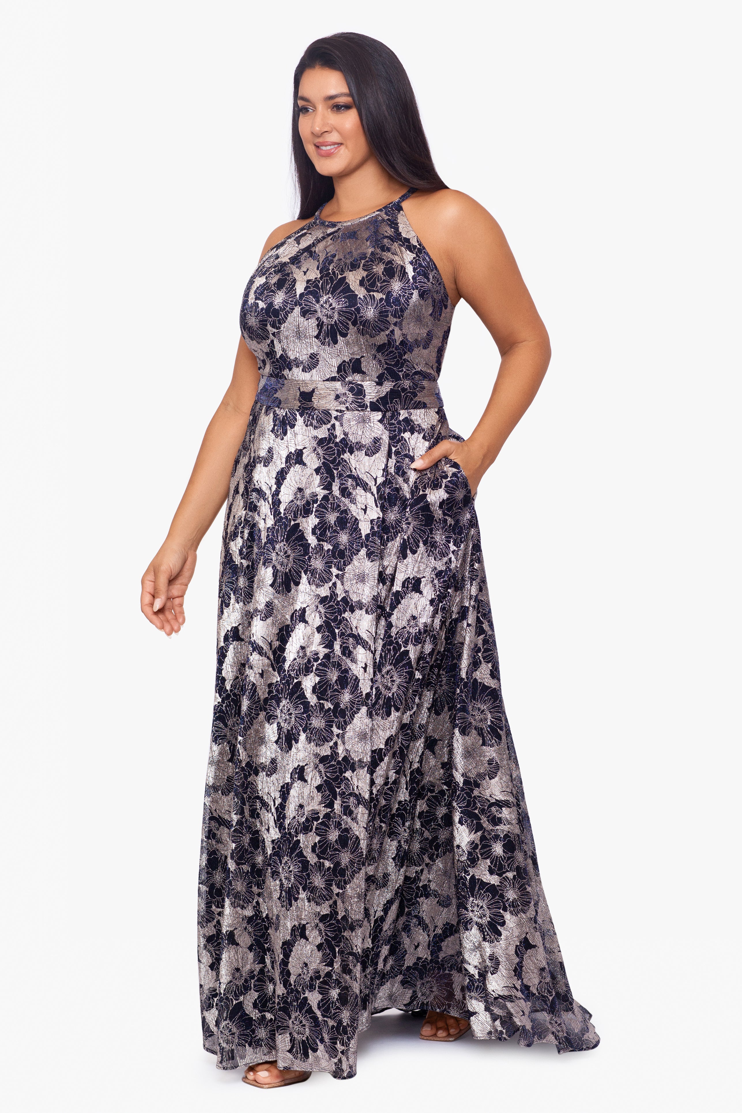 Plus "Layla" Long Halter Top Wrap Foil Print Dress