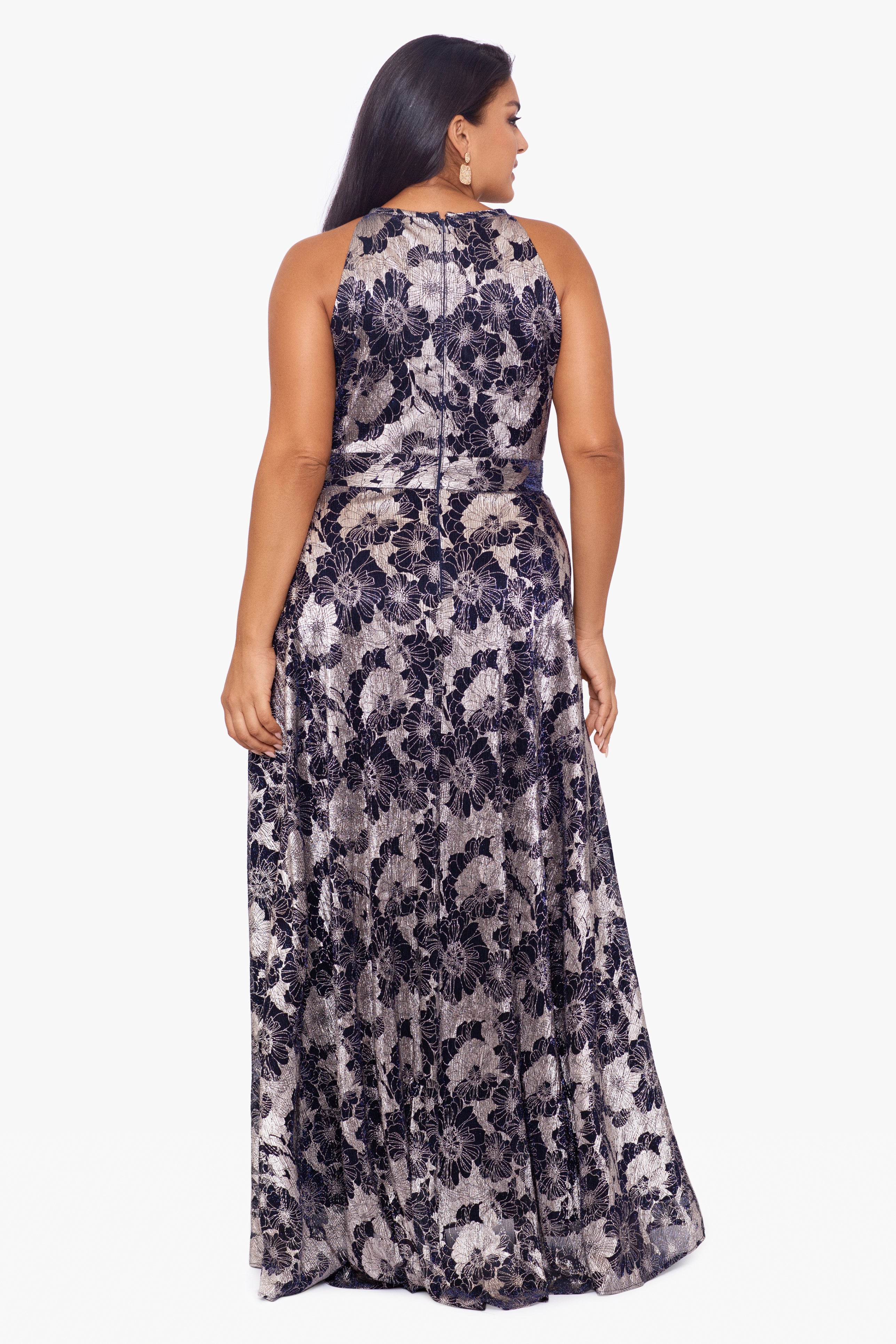 Plus "Layla" Long Halter Top Wrap Foil Print Dress