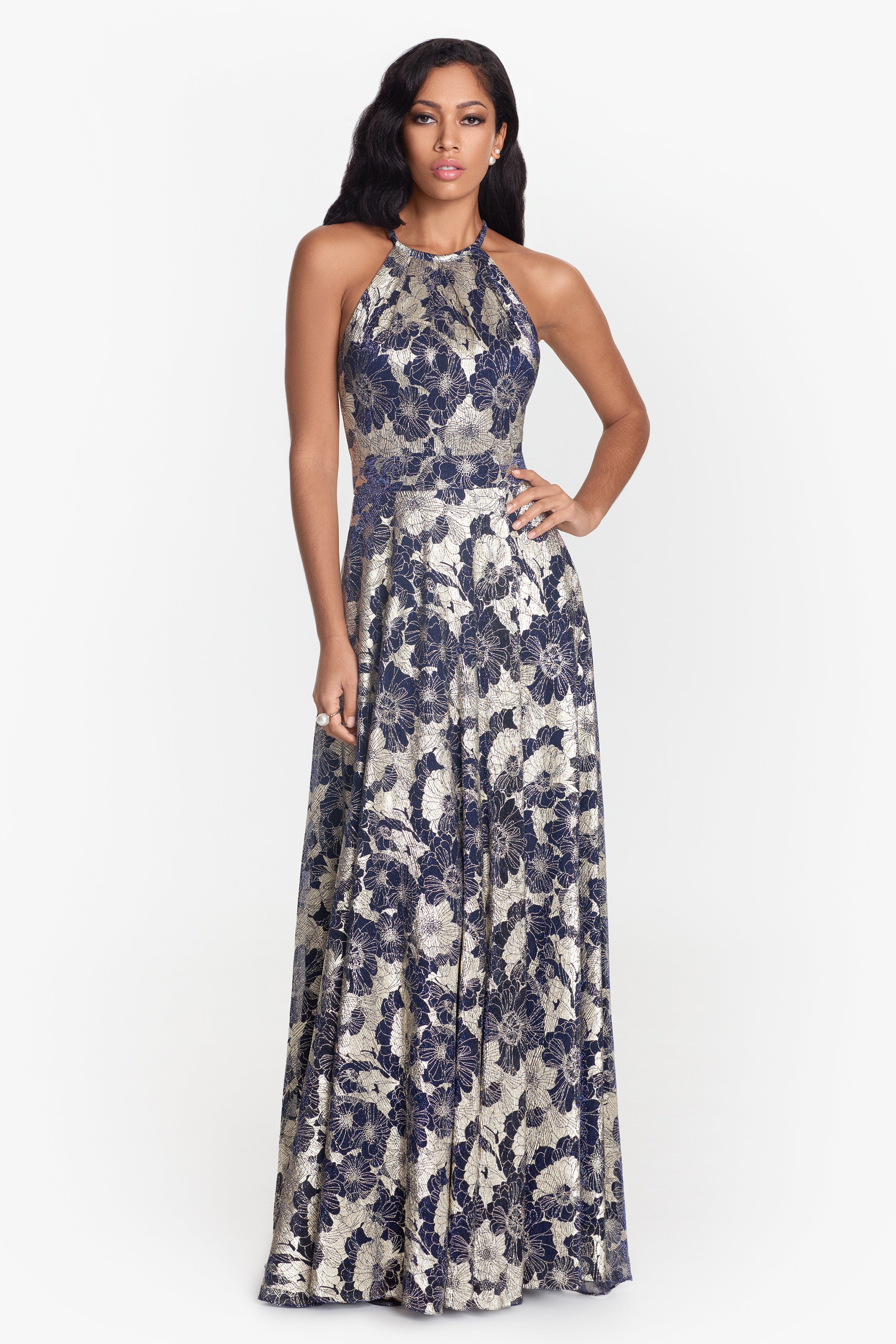 Petite "Layla" Long Halter Top Wrap Foil Print Dress