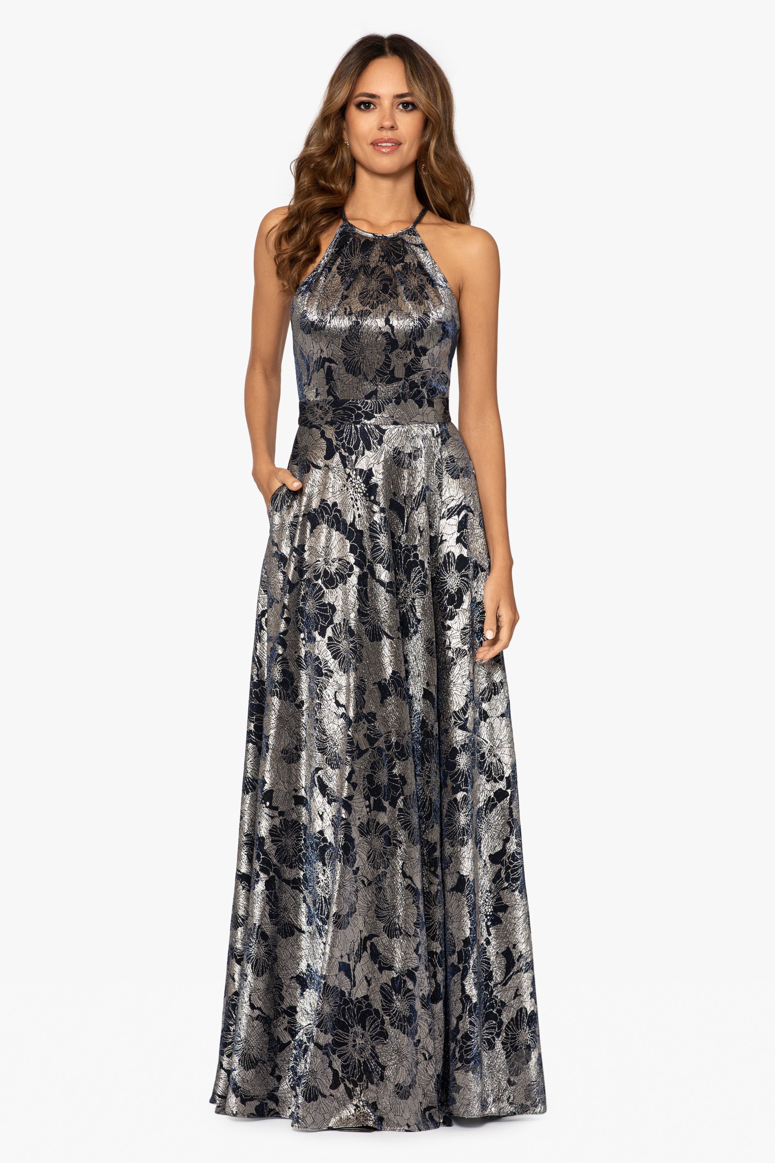 Petite "Layla" Long Halter Top Wrap Foil Print Dress