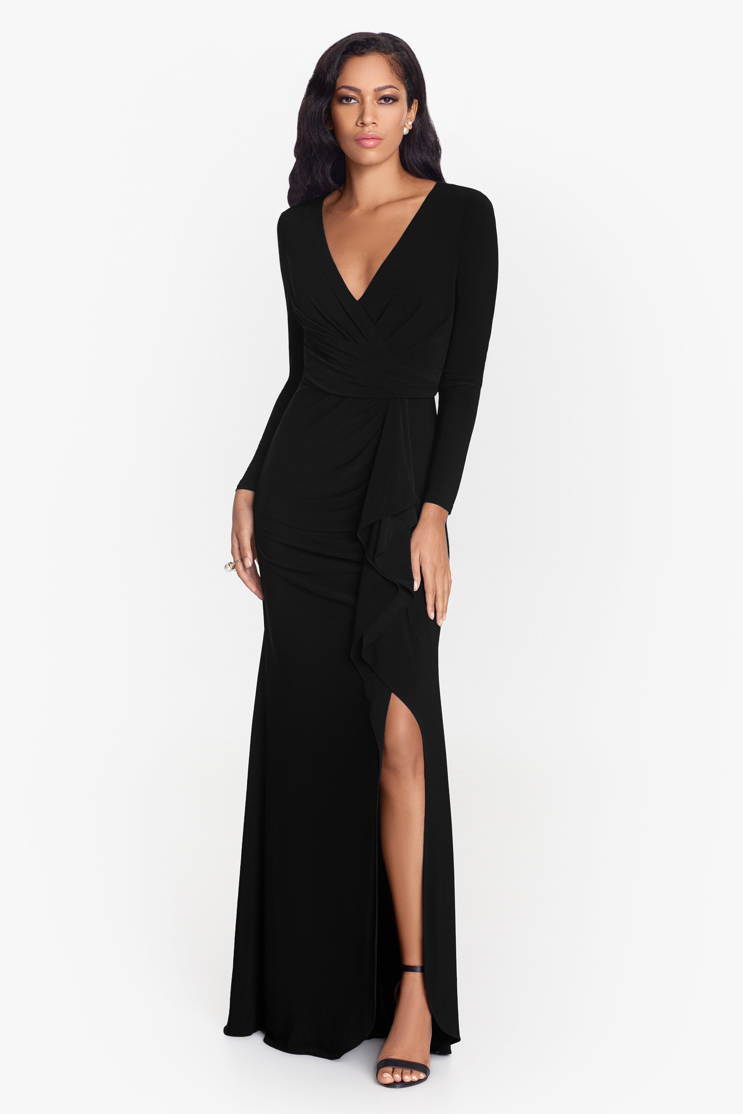 "Elle" Long Sleeve Side Ruffled Slit Gown