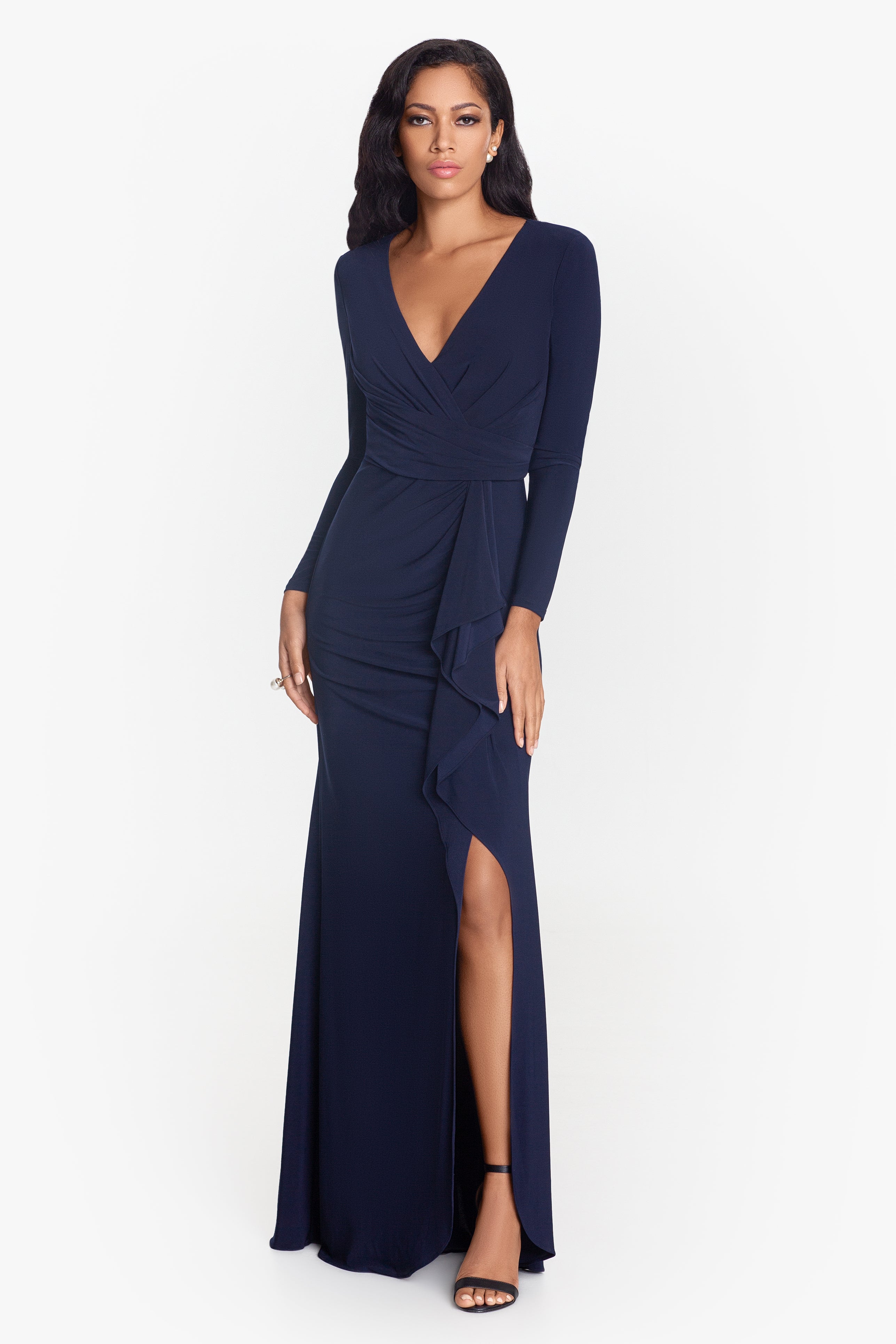 "Elle" Long Sleeve Side Ruffled Slit Gown - Betsy & Adam