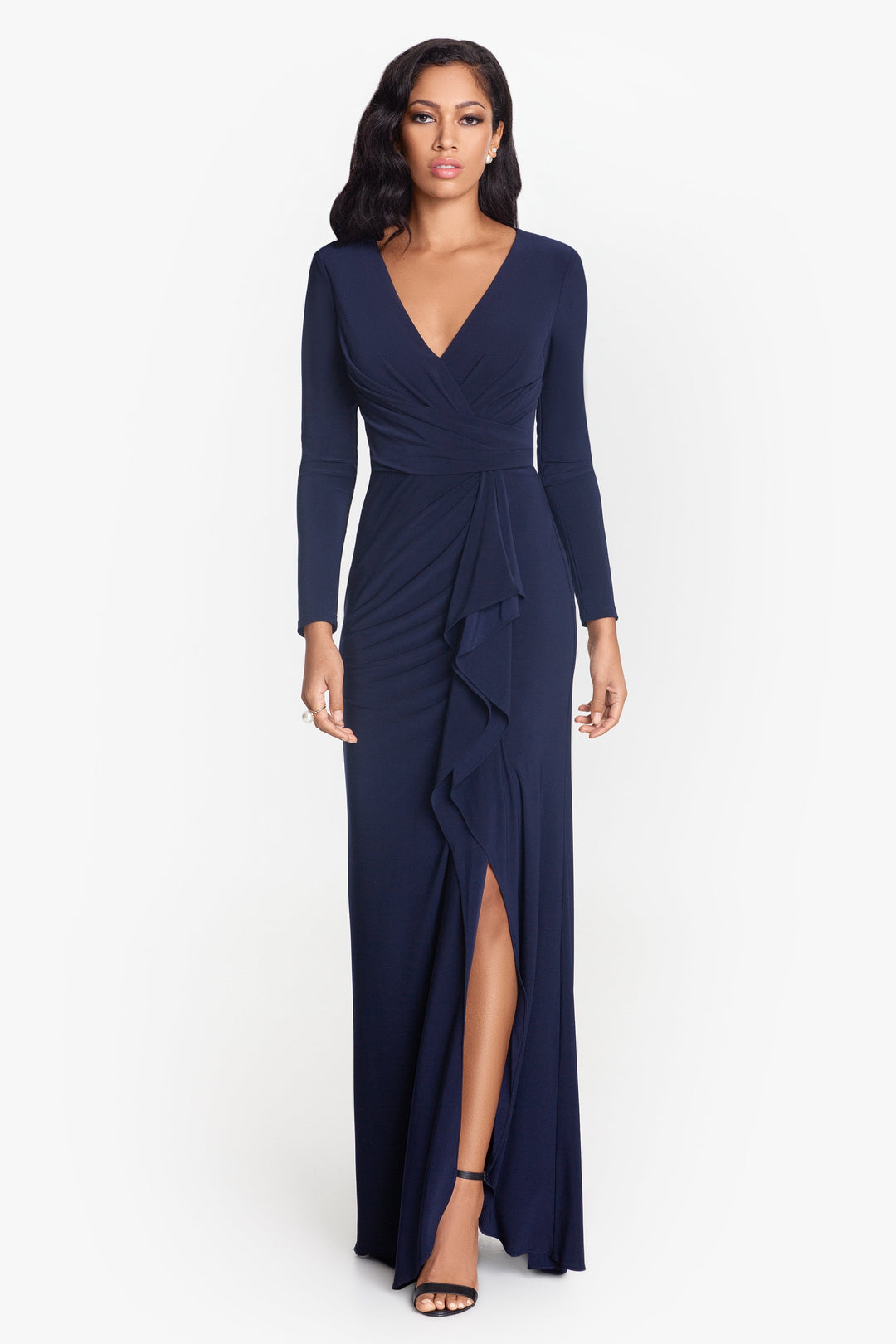 "Elle" Long Sleeve Side Ruffled Slit Gown - Betsy & Adam