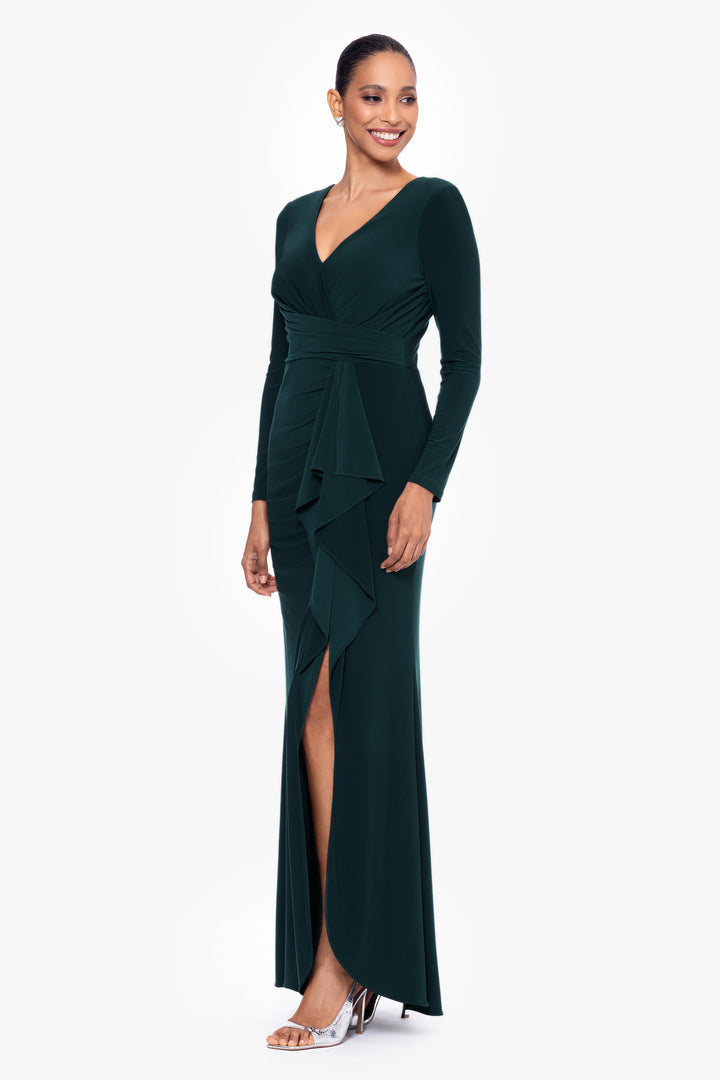 "Elle" Long Sleeve Side Ruffled Slit Gown