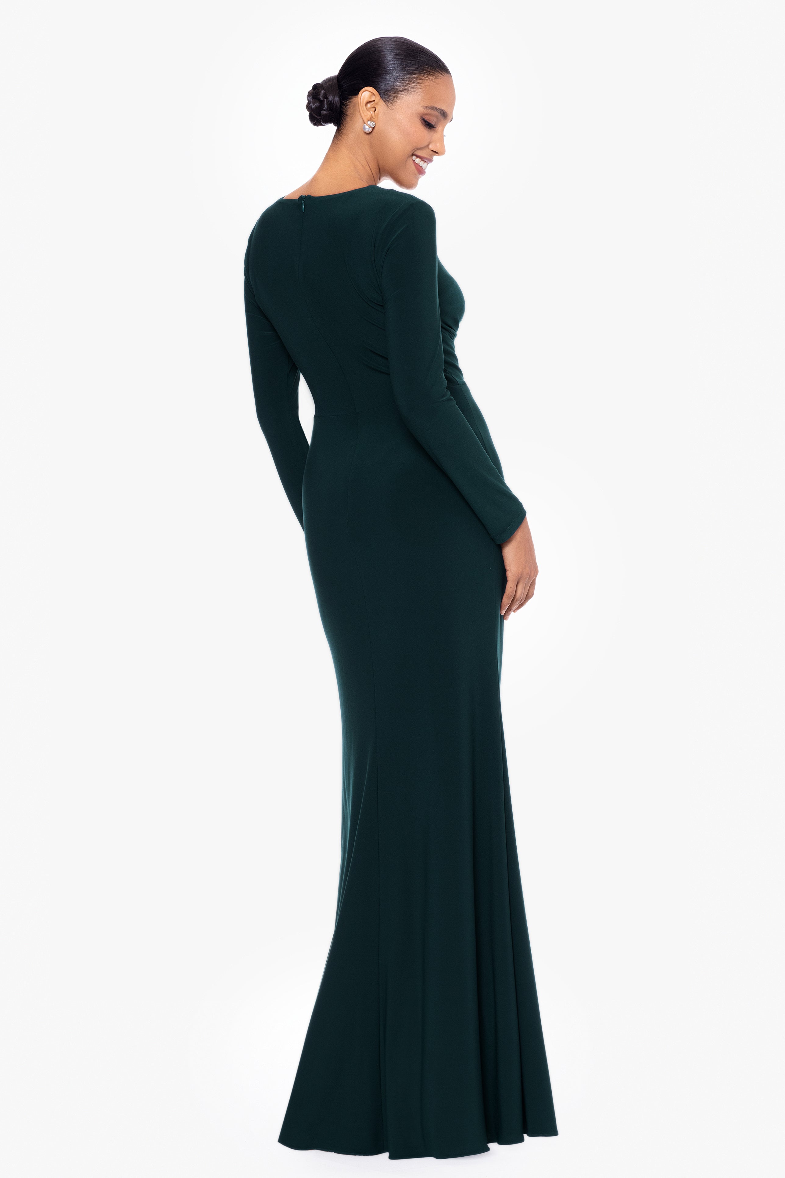 "Elle" Long Sleeve Side Ruffled Slit Gown