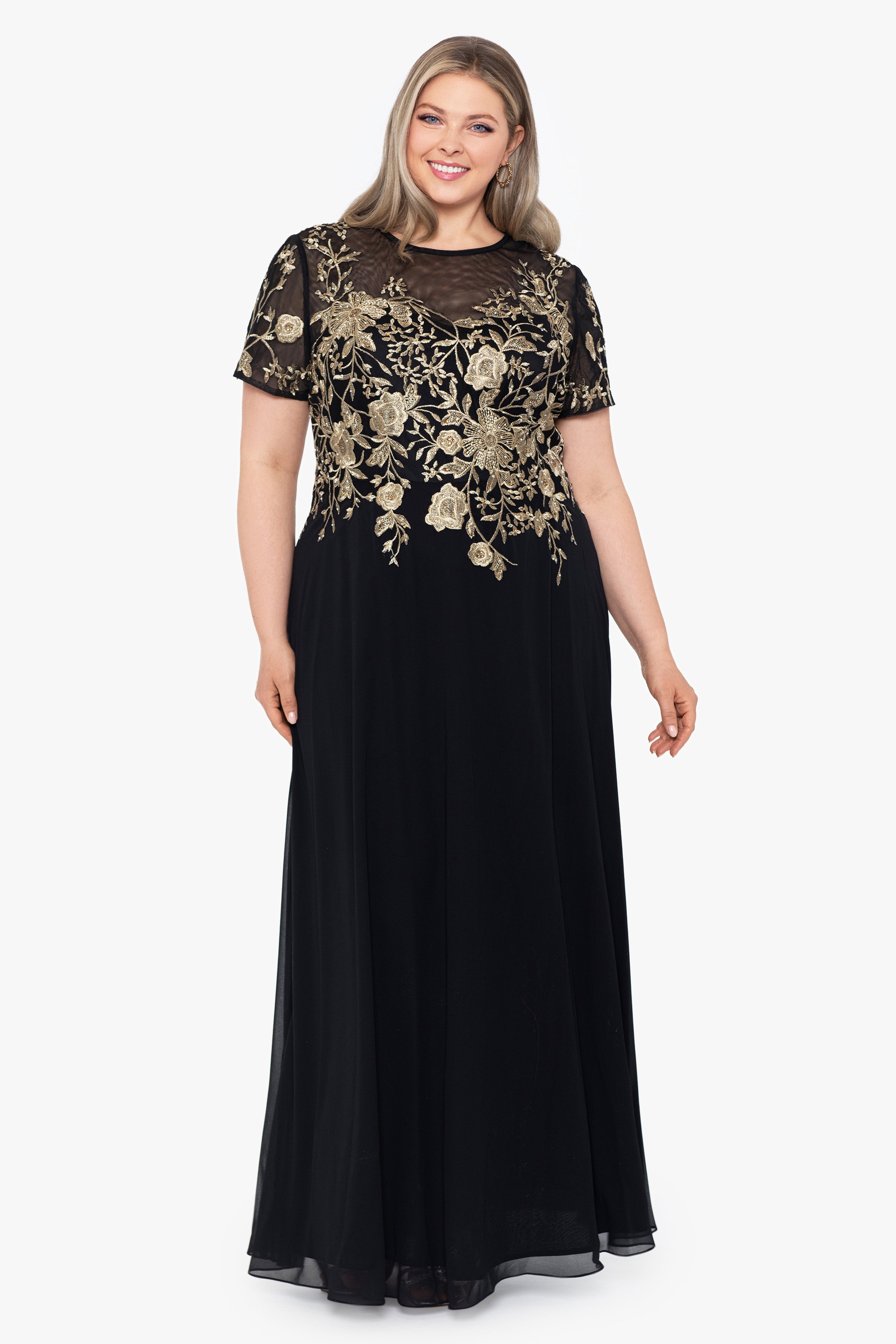 Plus "Ivanna" Long Embroidered Mesh Cap Sleeve Dress