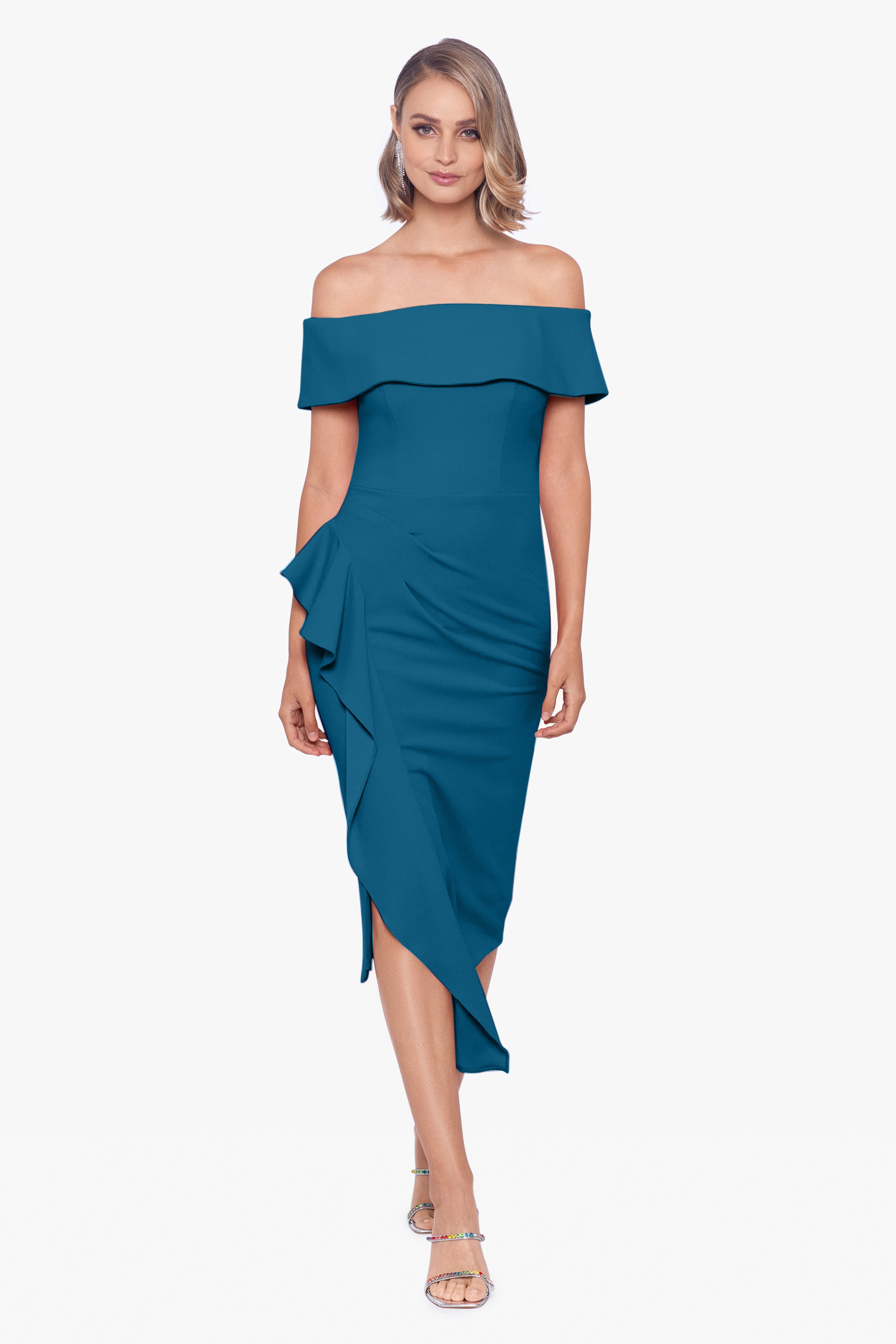 "Maya" Midi Scuba Crepe Off the Shoulder Cuff Side Ruching Dress