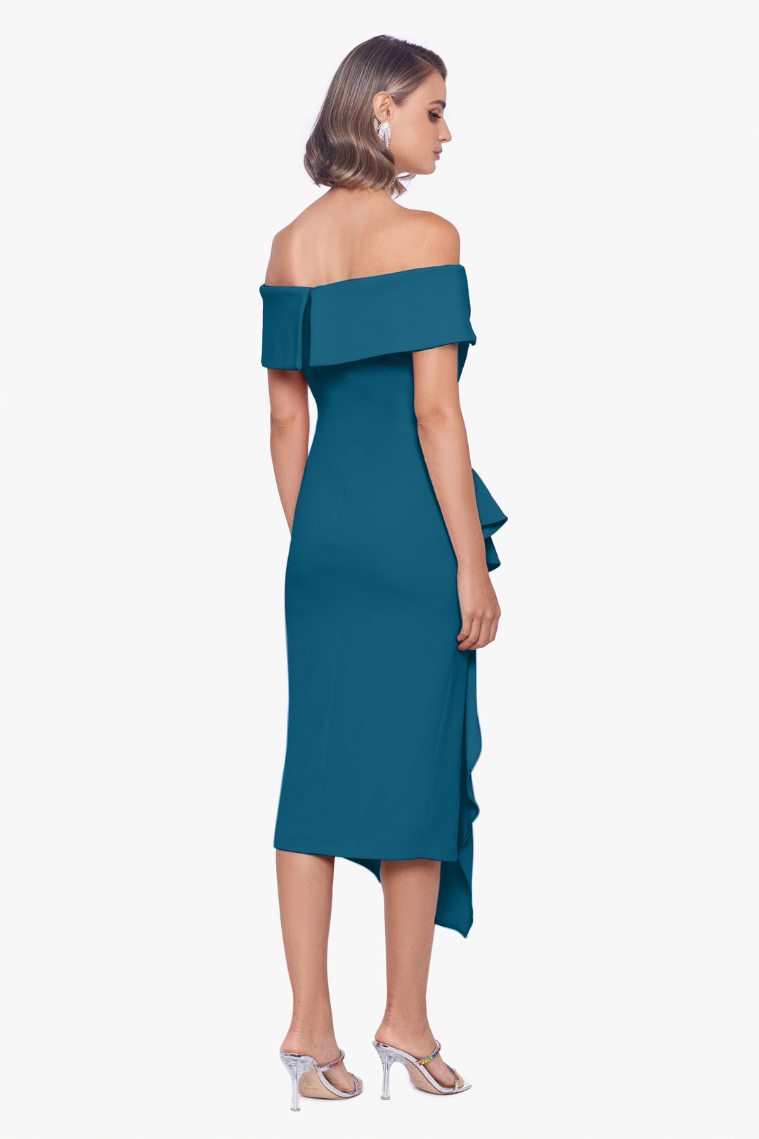 "Maya" Midi Scuba Crepe Off the Shoulder Cuff Side Ruching Dress