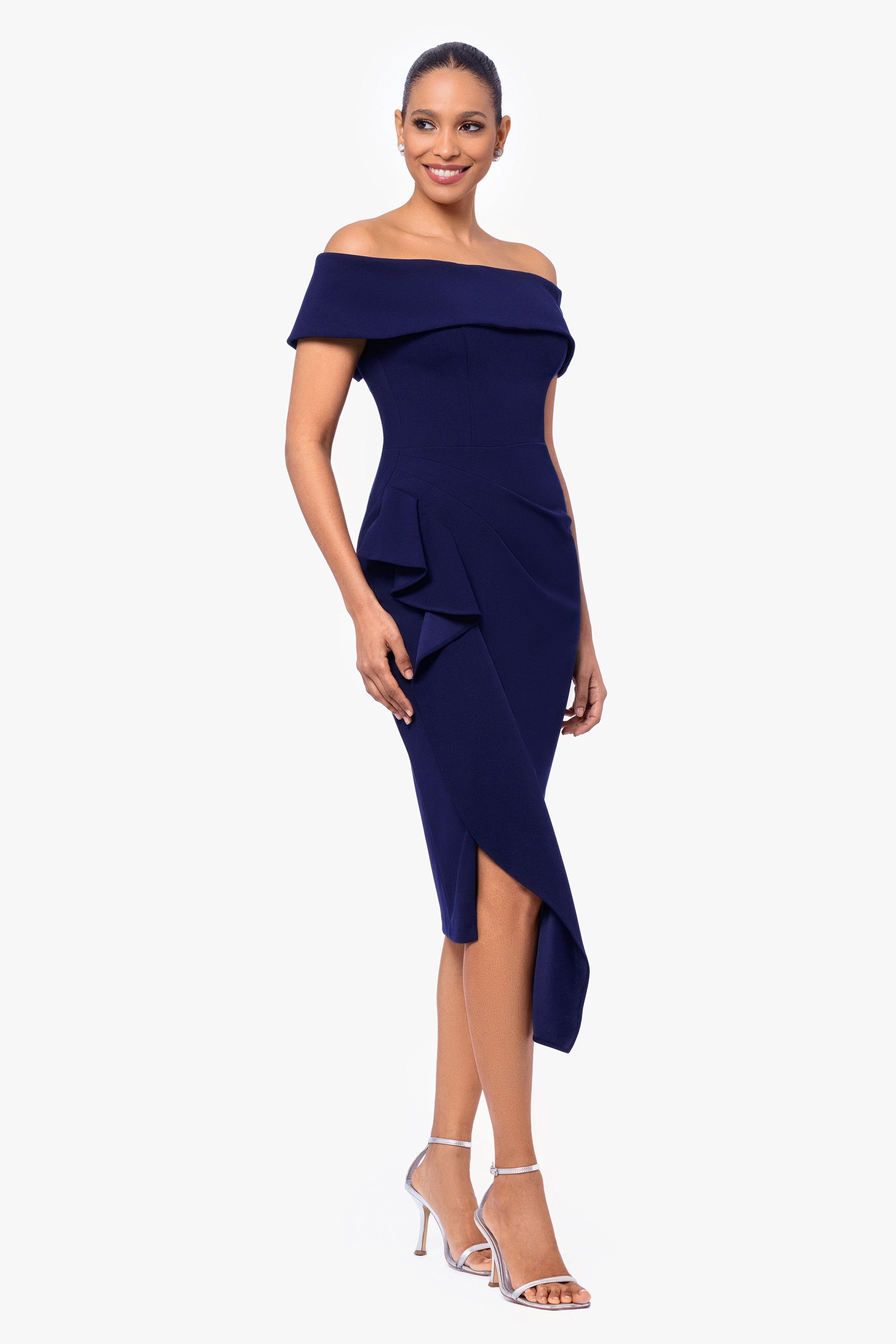 "Maya" Midi Scuba Crepe Off the Shoulder Cuff Side Ruching Dress