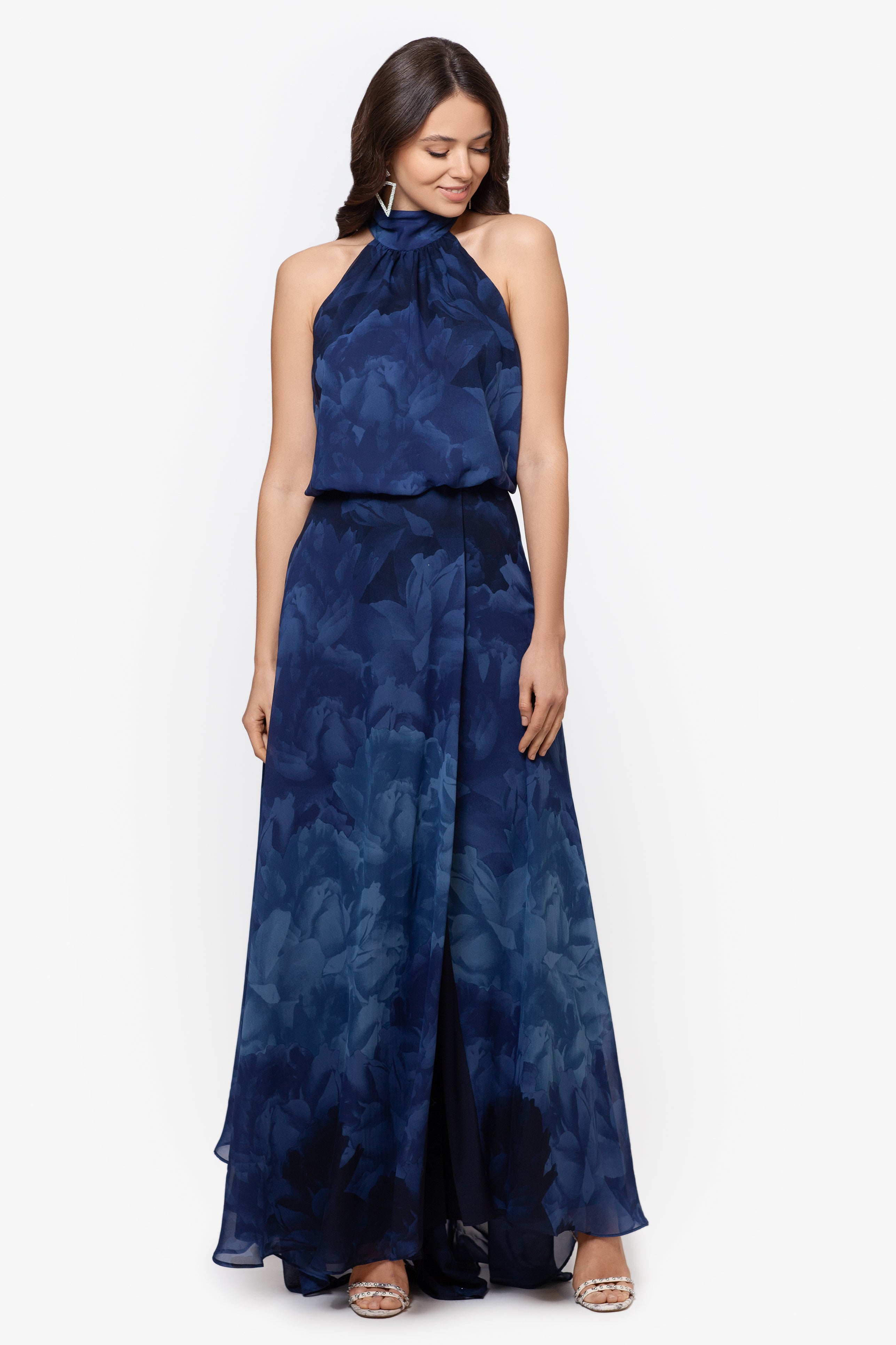 "Tami" Chiffon Print High Halter Neck Gown