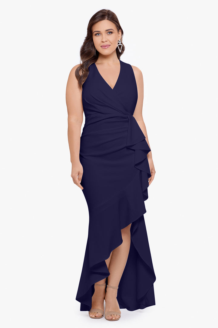 Plus "Candace" Long V- Neck Hi Low Cascade Dress