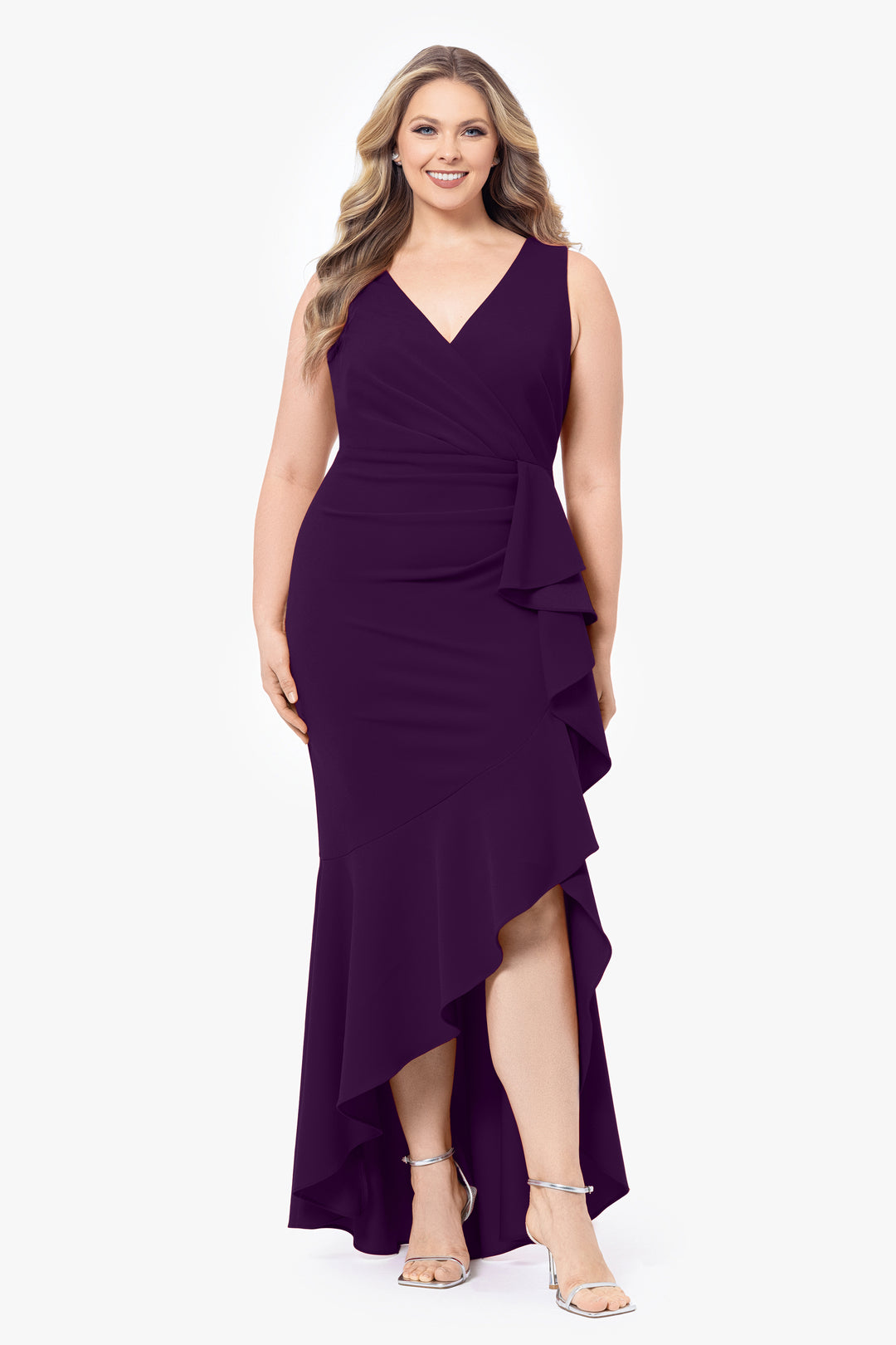 Plus "Candace" Long V- Neck Hi Low Cascade Dress