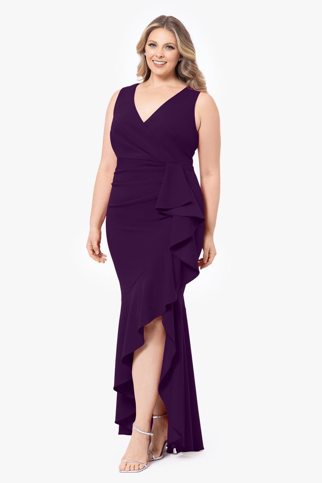 Plus "Candace" Long V- Neck Hi Low Cascade Dress