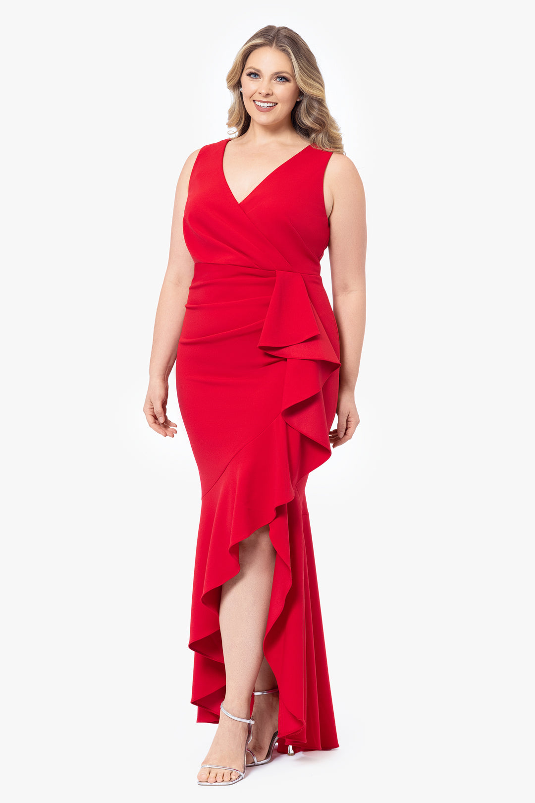 Plus "Candace" Long V- Neck Hi Low Cascade Dress