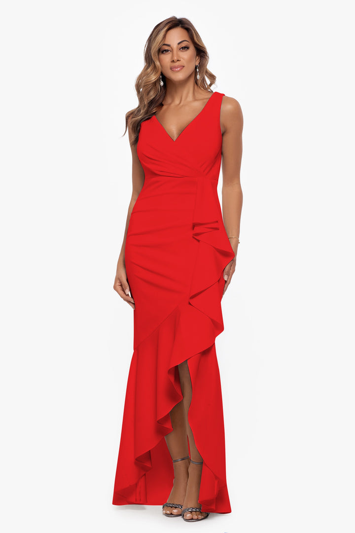 "Candace" Long V- Neck Hi Low Cascade Dress