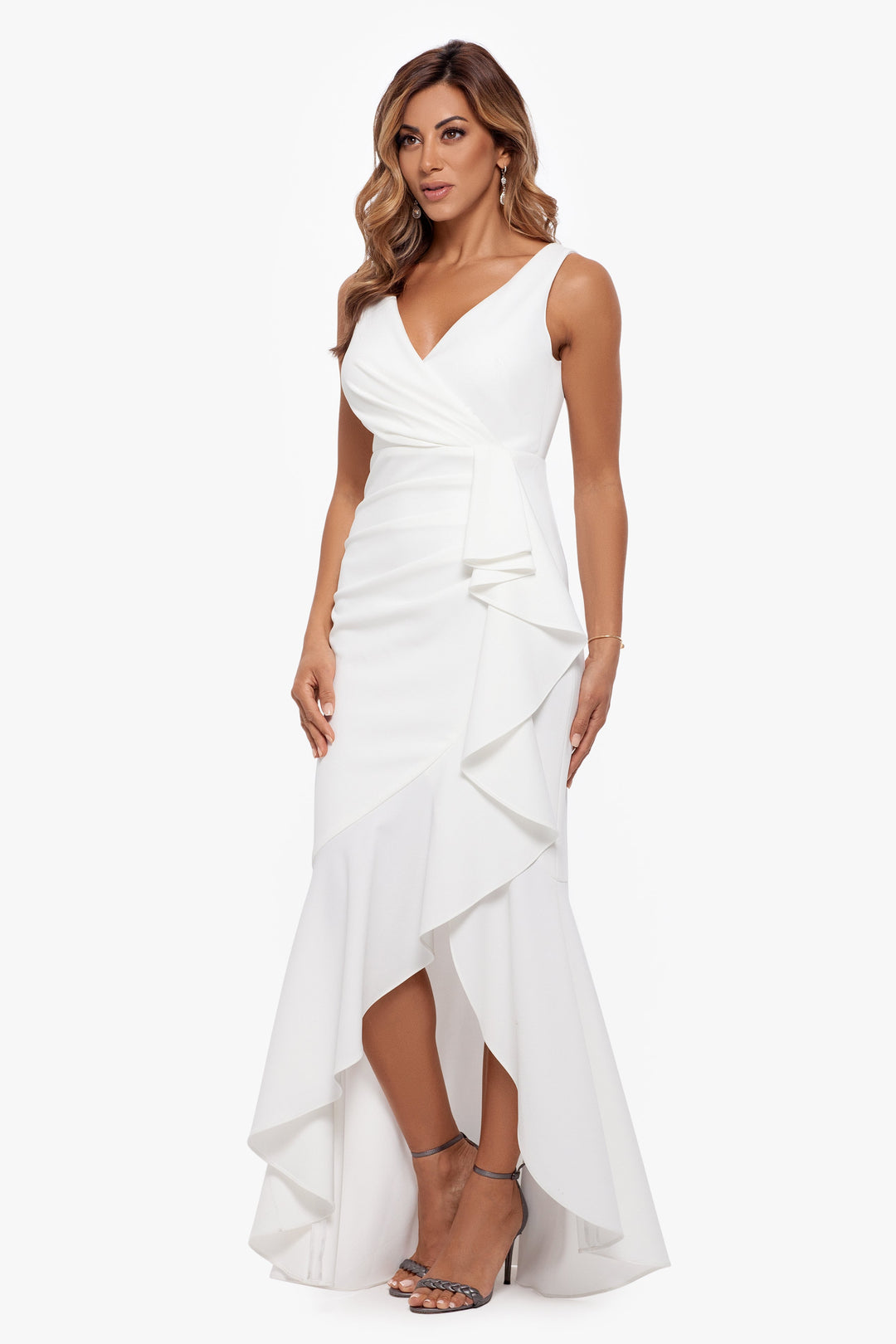 "Candace" Long V- Neck Hi Low Cascade Dress