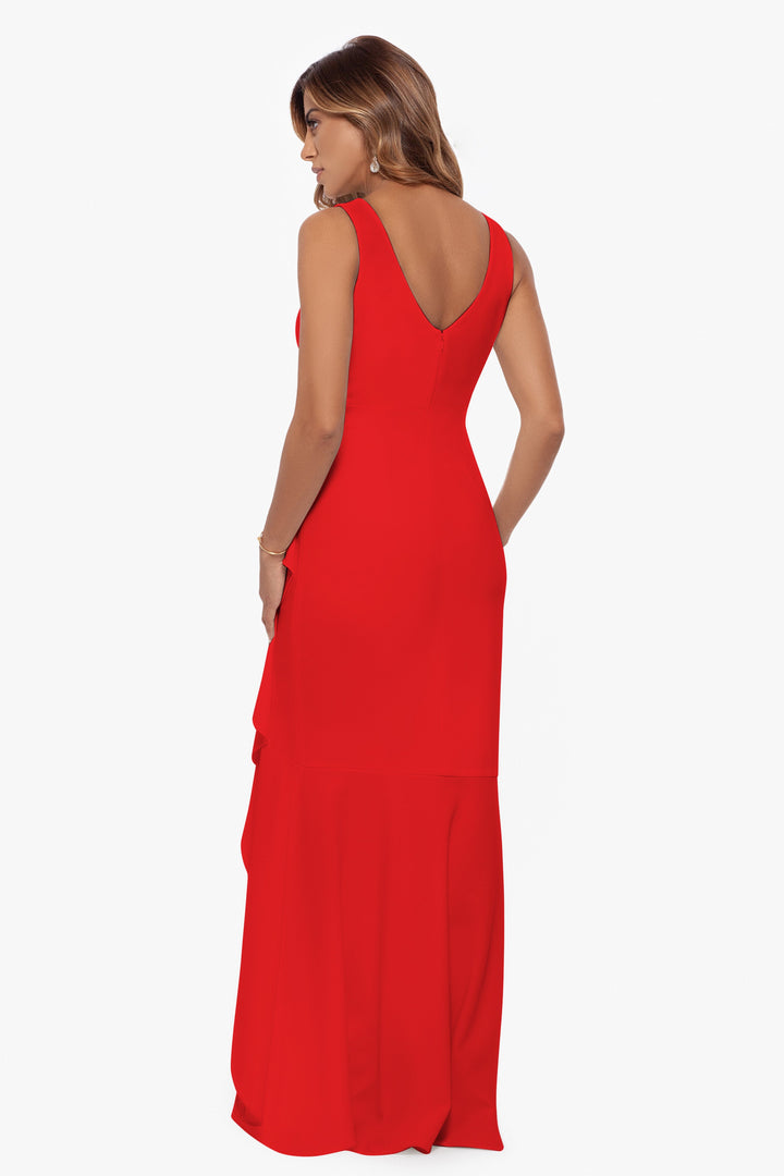 "Candace" Long V- Neck Hi Low Cascade Dress