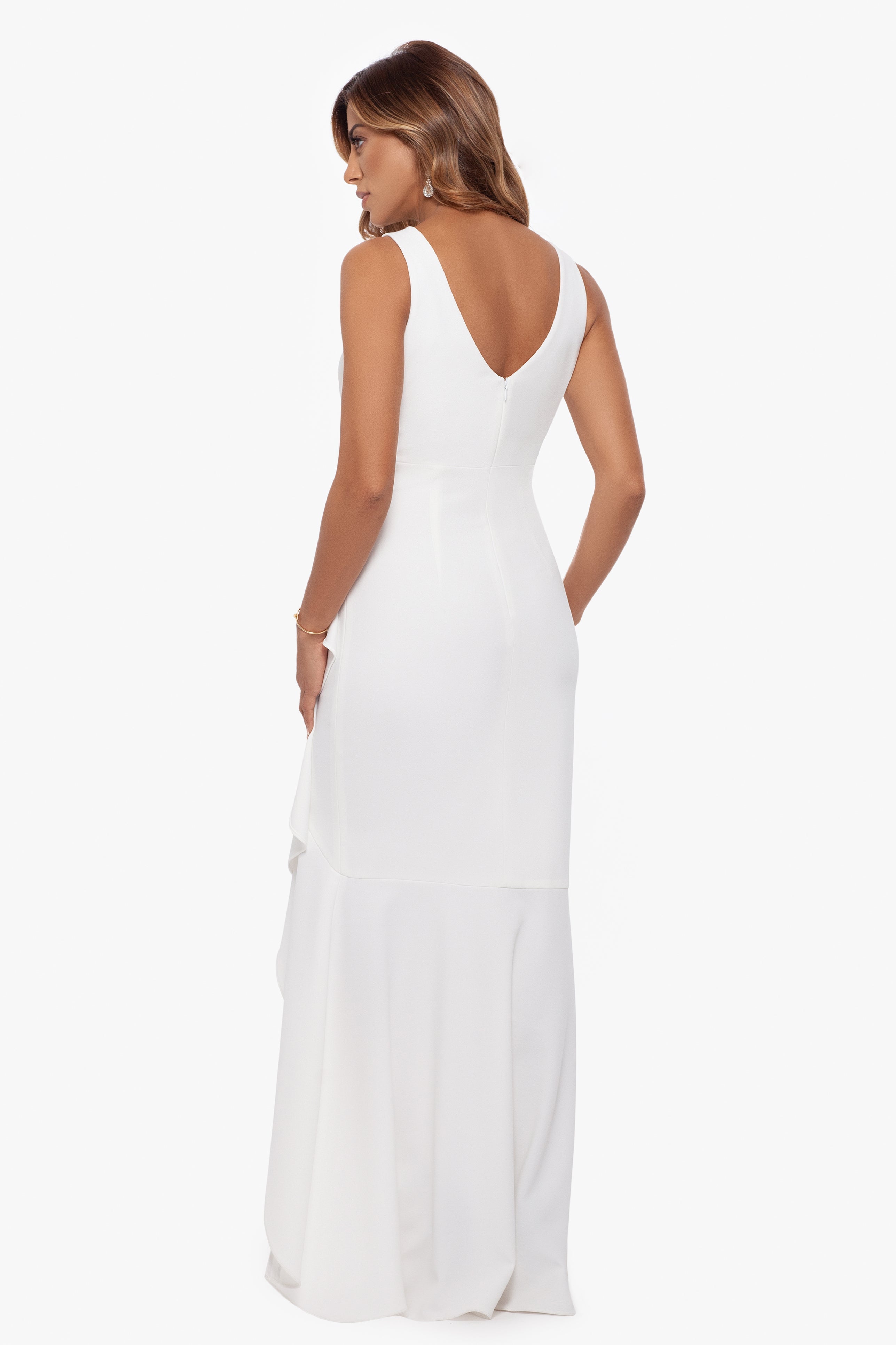 Petite "Candace" Long V- Neck Hi Low Cascade Dress