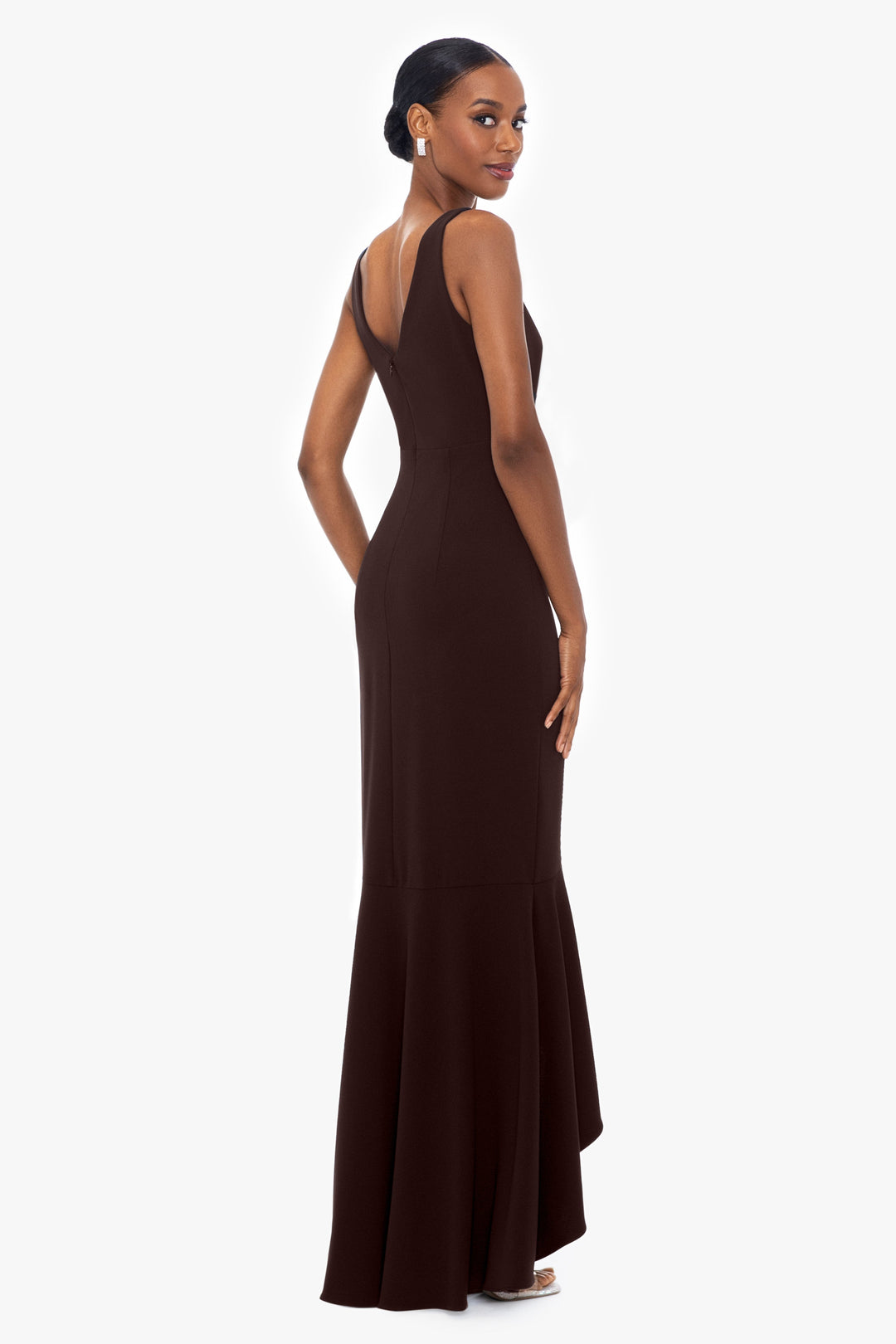 "Candace" Long V- Neck Hi Low Cascade Dress