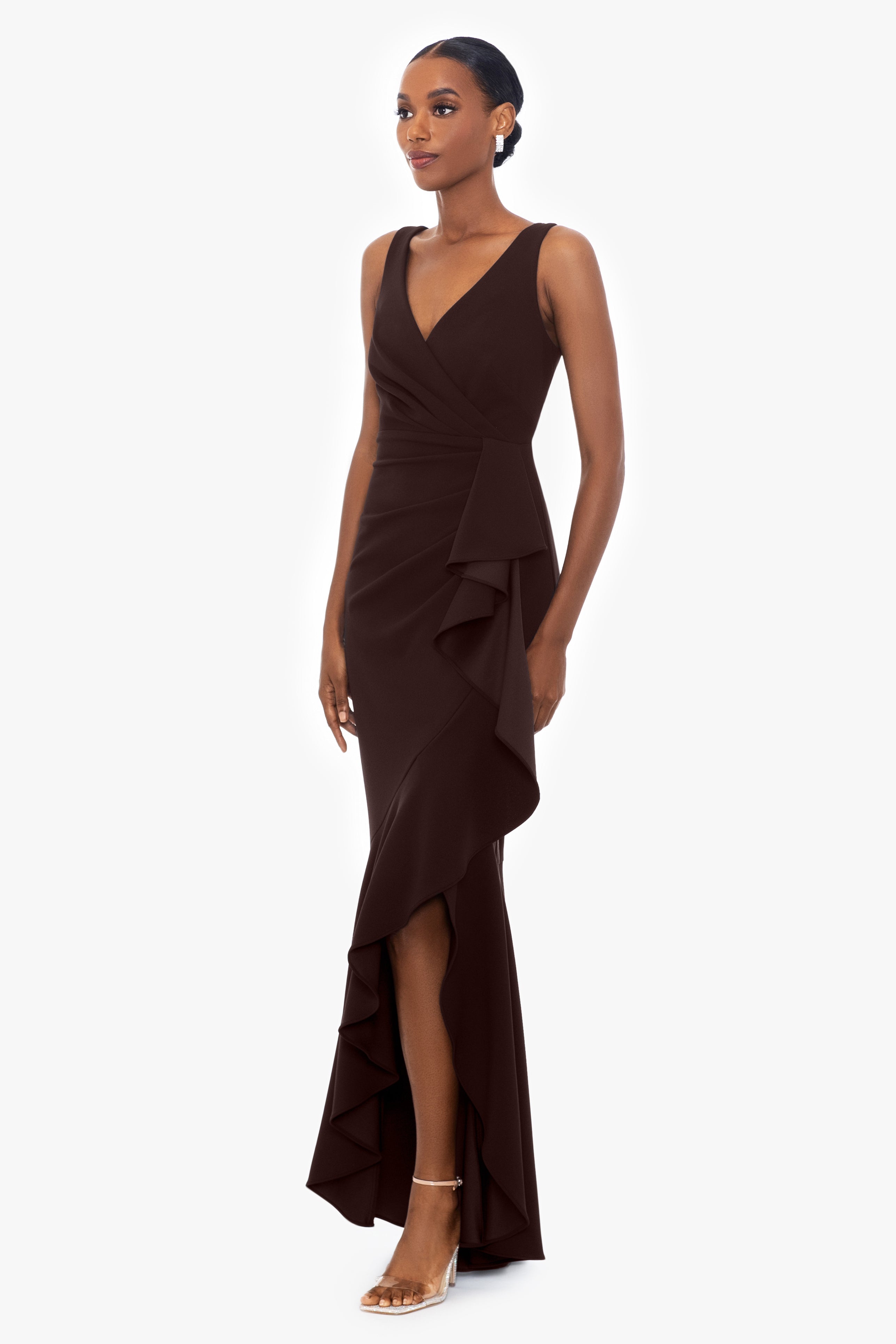 "Candace" Long V- Neck Hi Low Cascade Dress