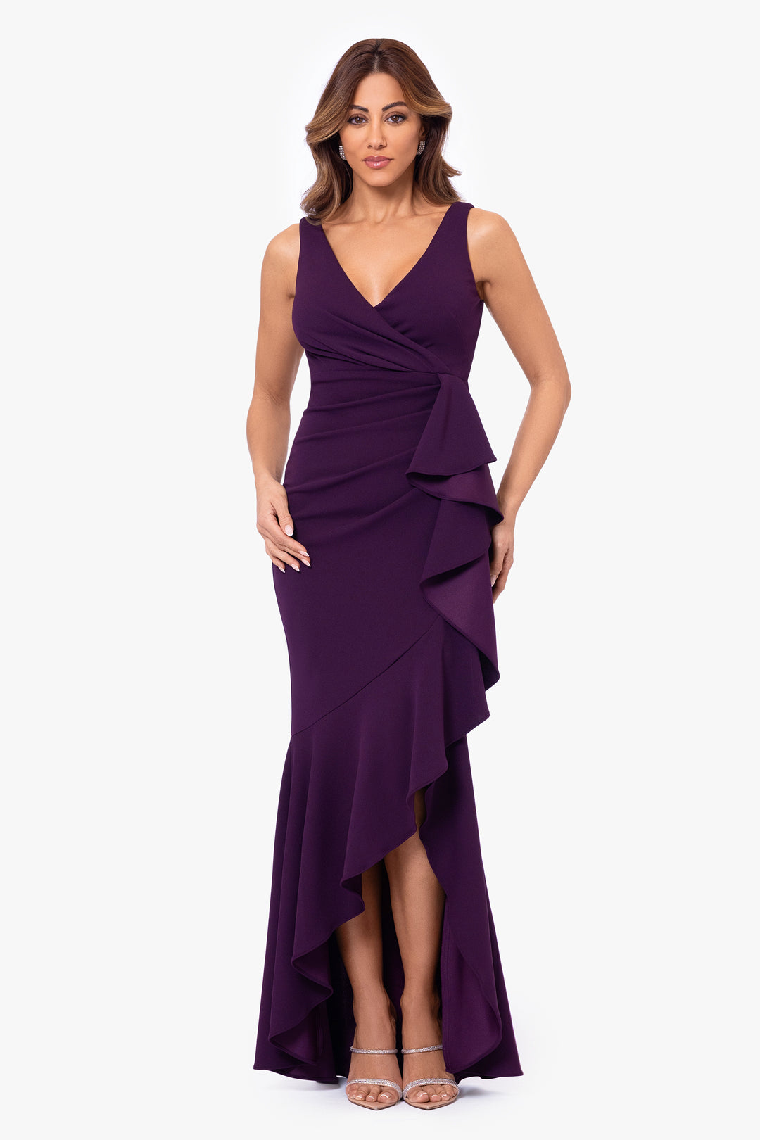 "Candace" Long V- Neck Hi Low Cascade Dress