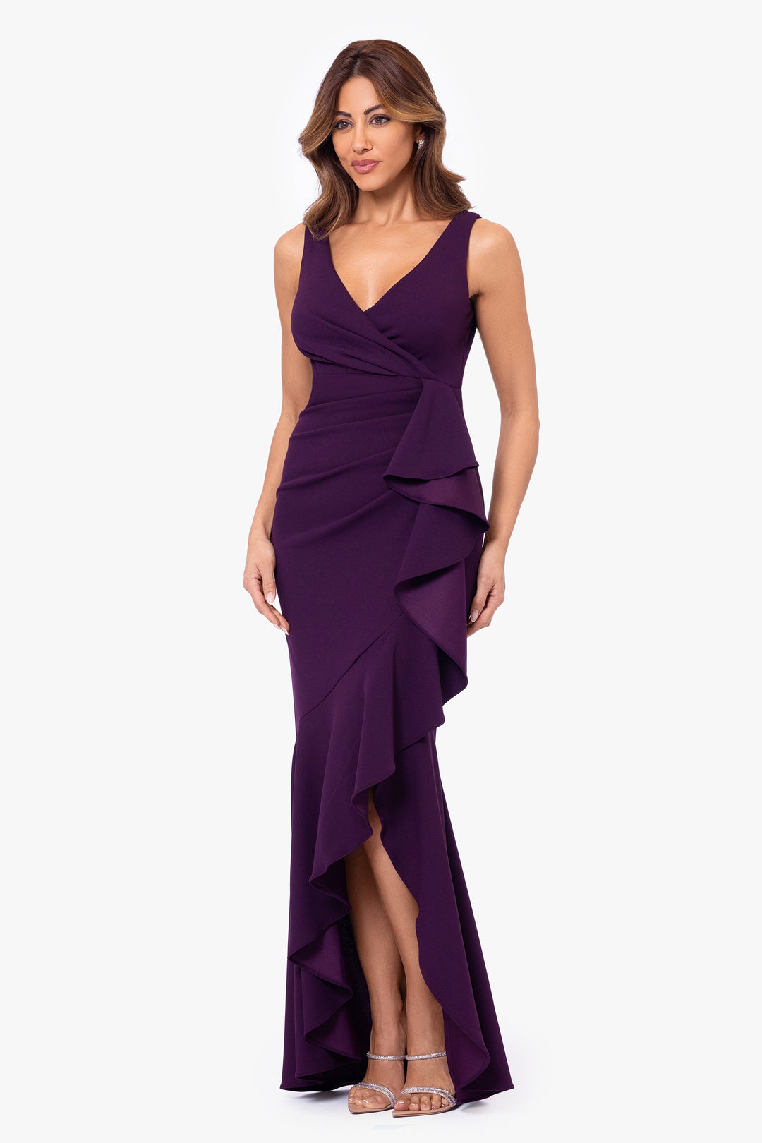 "Candace" Long V- Neck Hi Low Cascade Dress