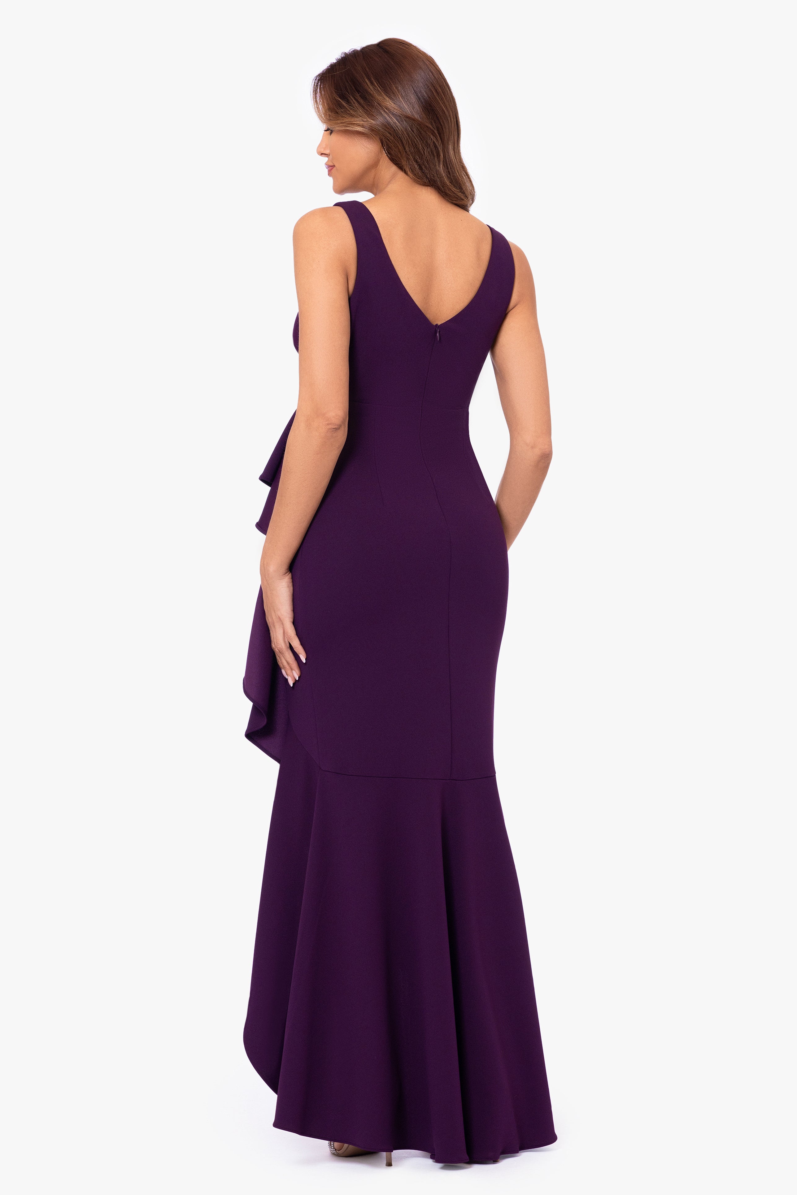 "Candace" Long V- Neck Hi Low Cascade Dress