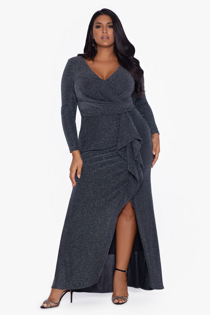 Plus "Rhonda" V-Neck Metallic Knit Long Dress