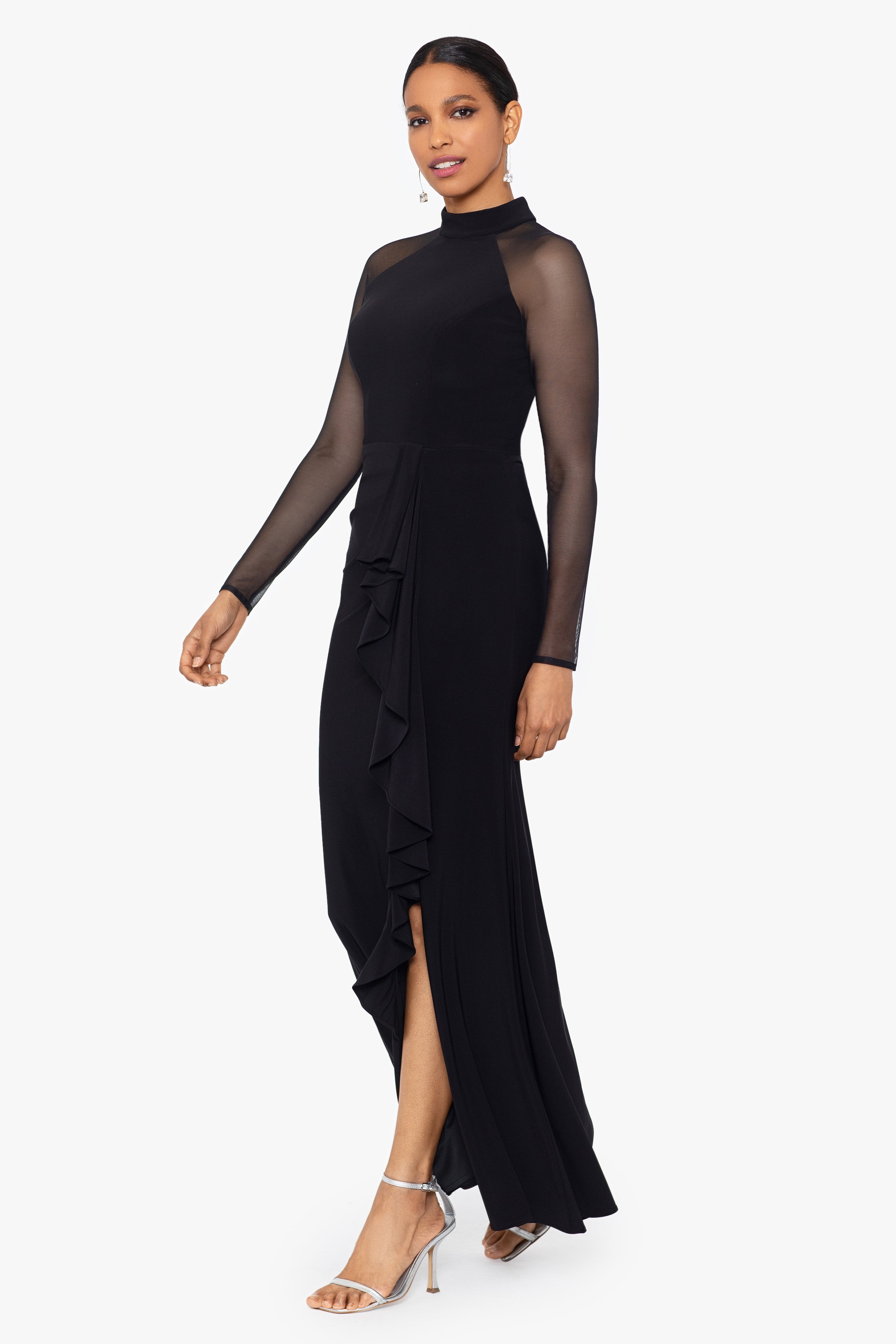 "Natalie" Long Mock Neck Mesh Sleeve Dress