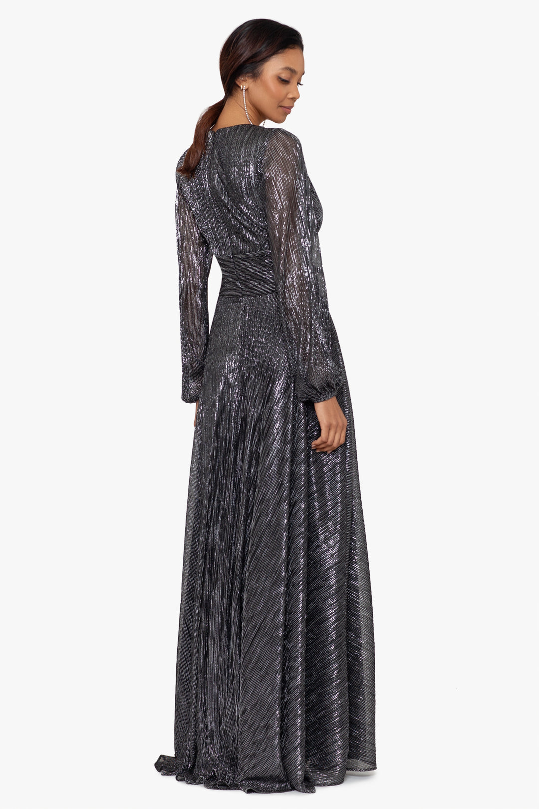 "Reign" Long Sleeve V Neck Metallic Knit Wrap Dress