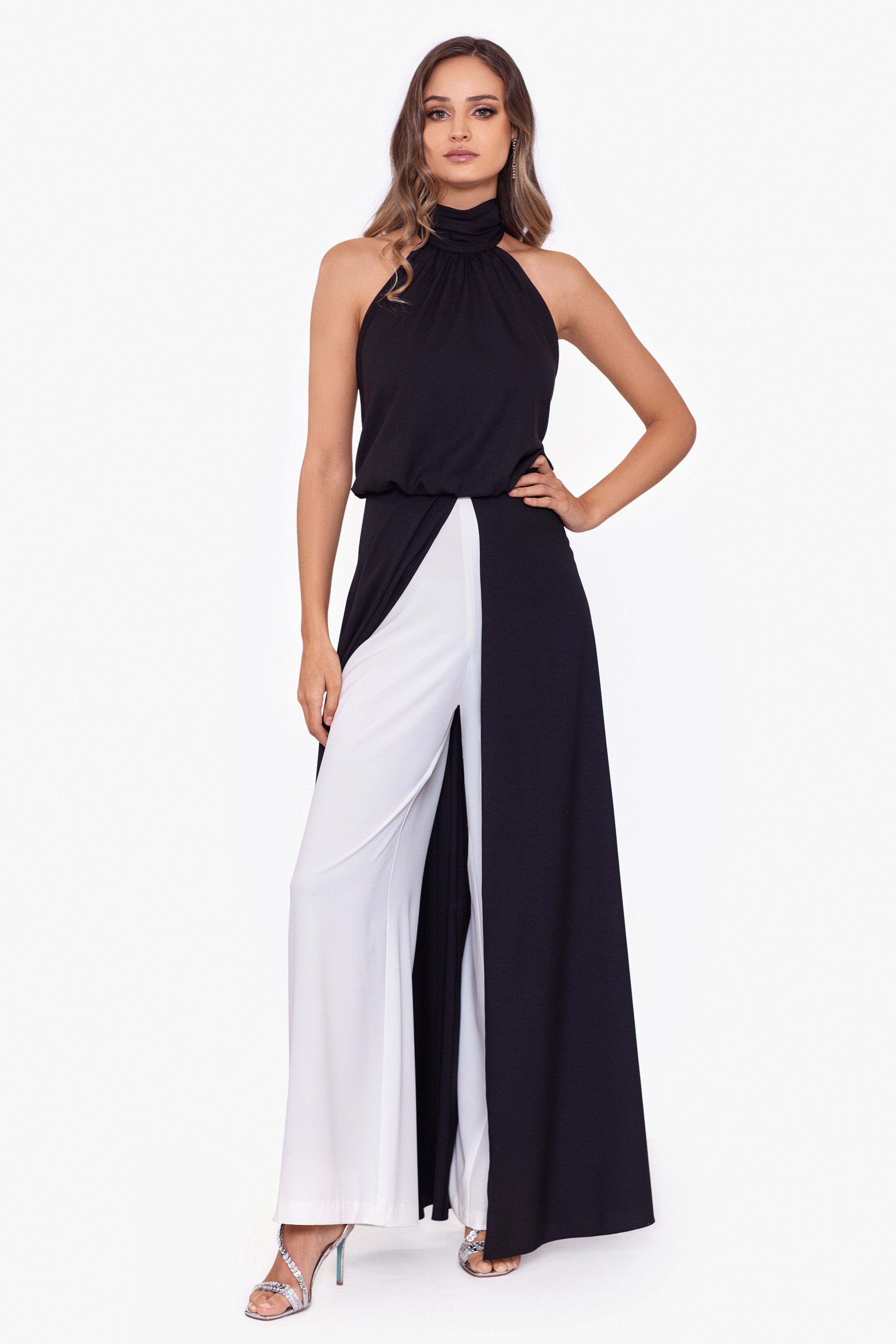 "Andrea" Two Tone Mock Neck Cowl Jumpsuit