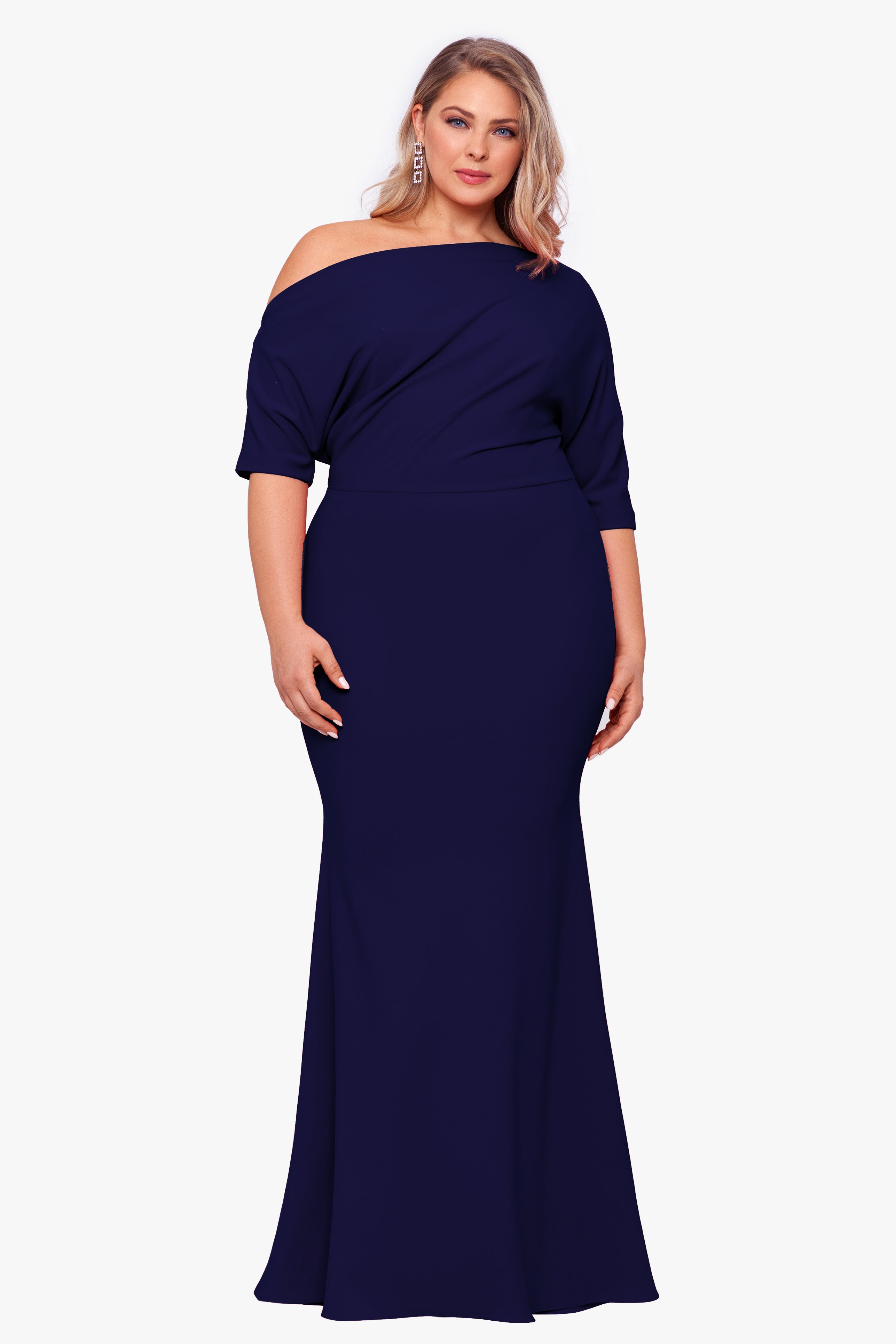 Plus "Madeline" Long Scuba Crepe Off the Shoulder Drop Dress