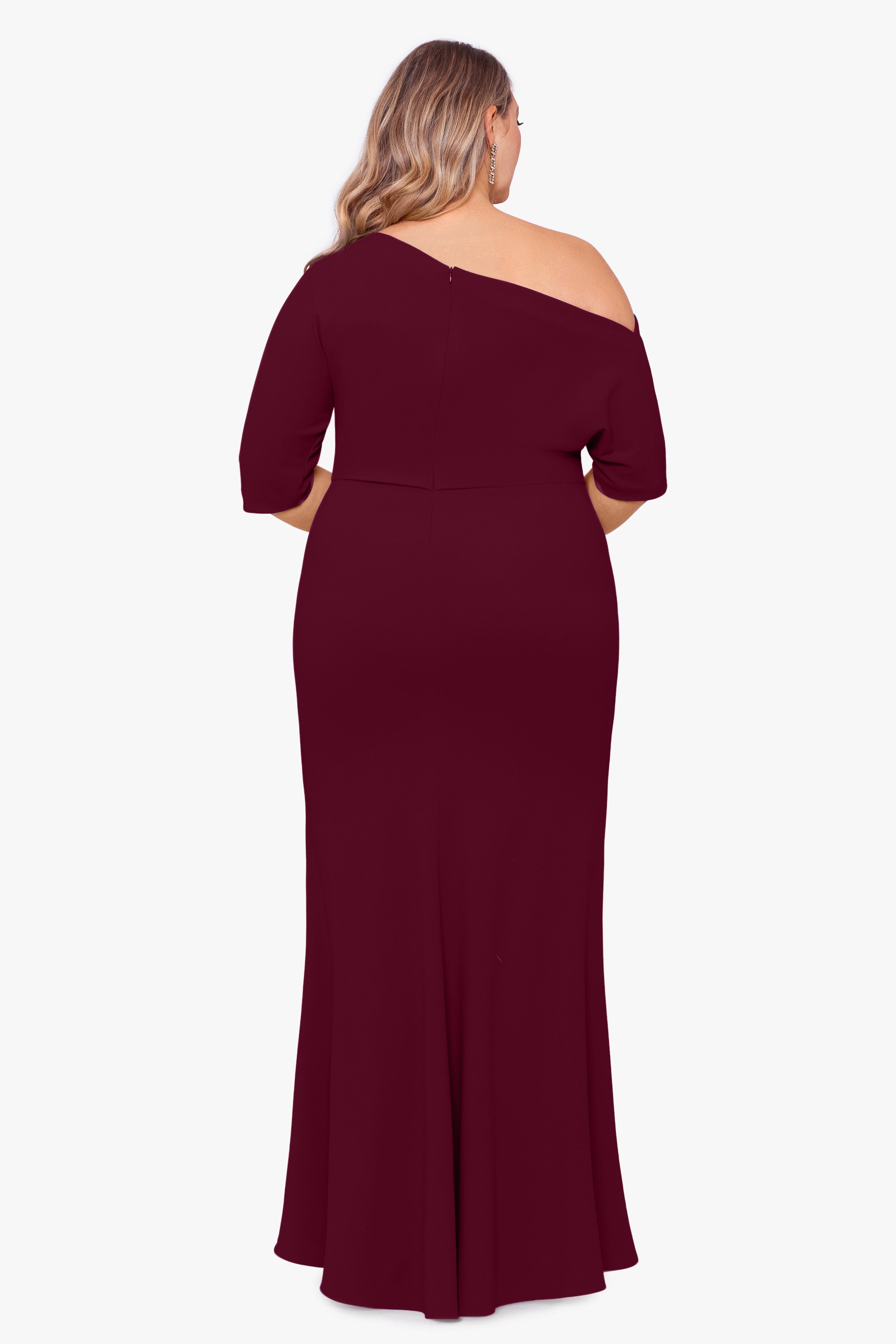 Plus "Madeline" Long Scuba Crepe Off the Shoulder Drop Dress